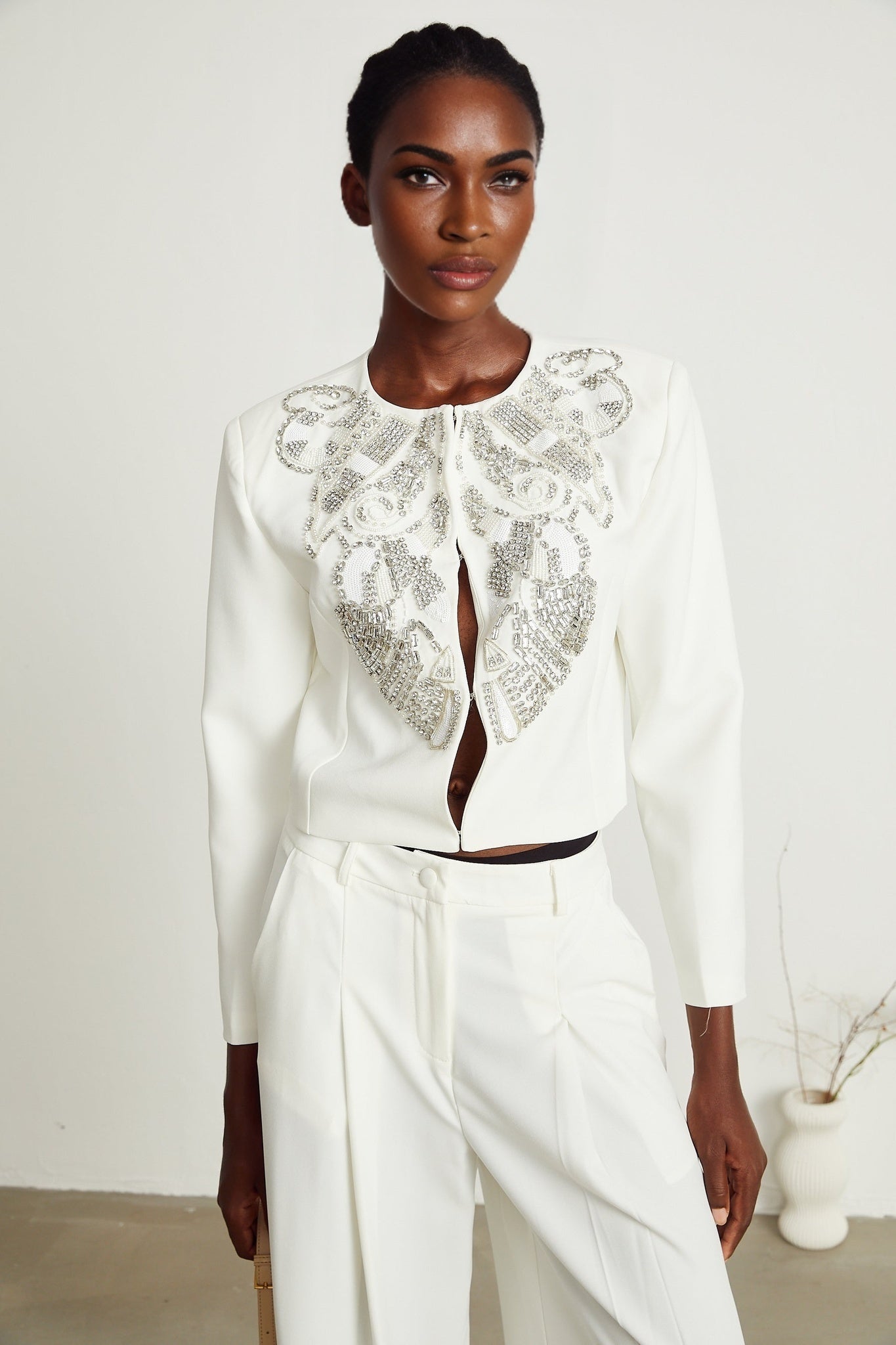 Agnès white embellished jacket trousers matching set
