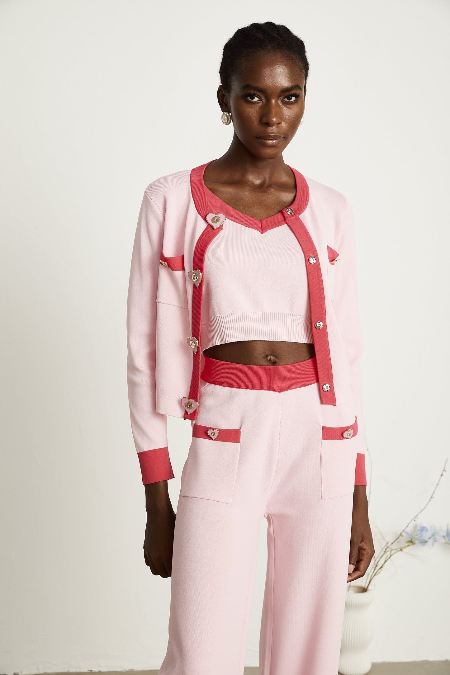 Ariane pink knitted cardigan vest top trousers matching set