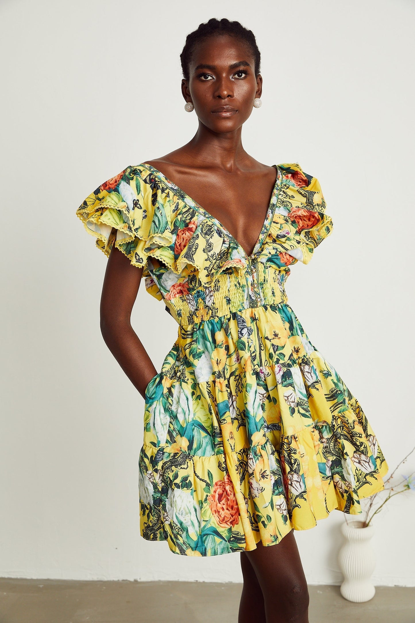 Saige ruffled floralprint mini dress in Yellow