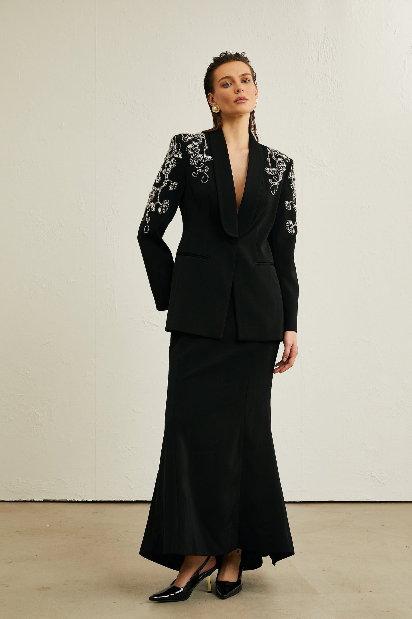 Morgane black embellished jacket skirt matching set