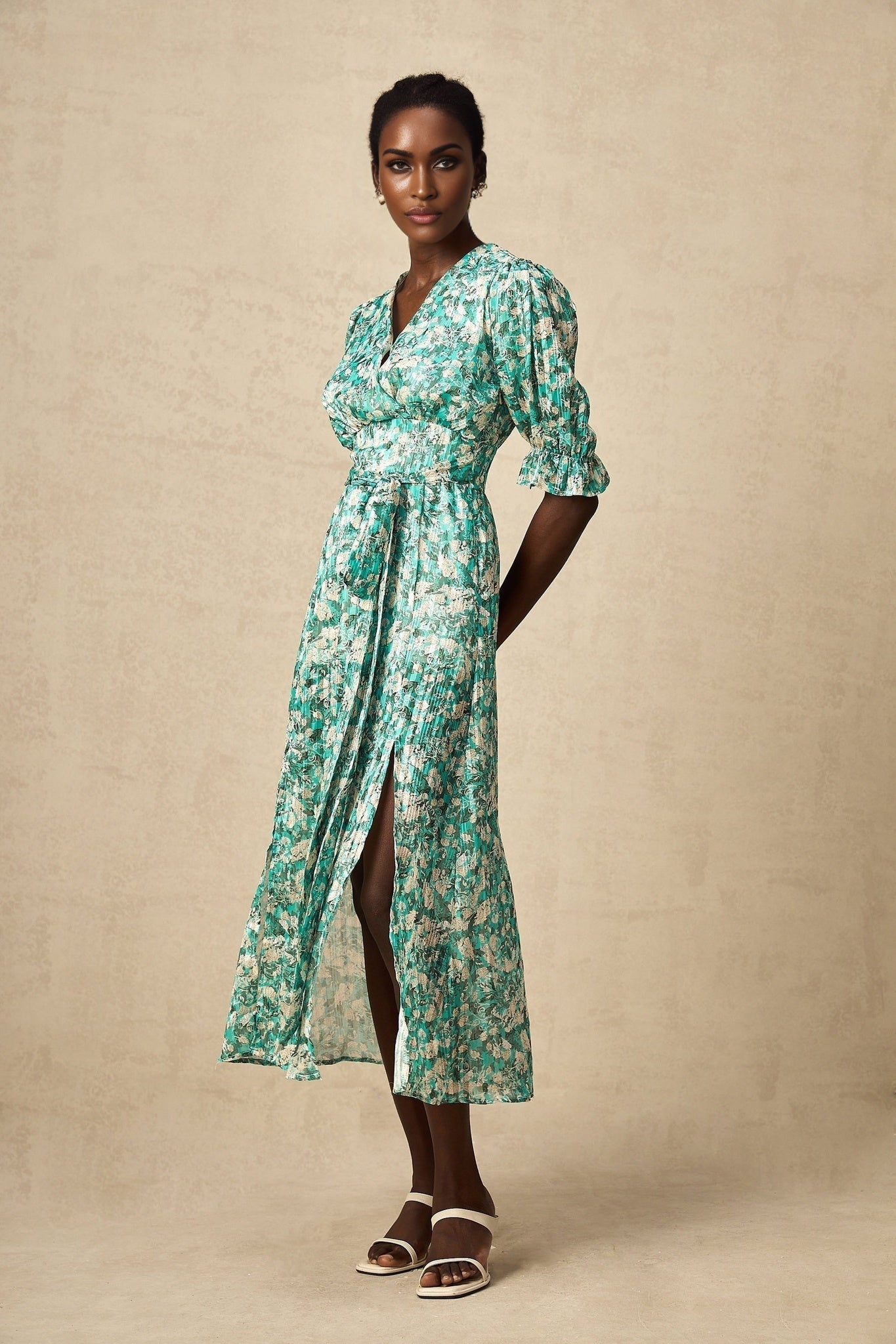 Green floral print midi dress with high slit named Alisa