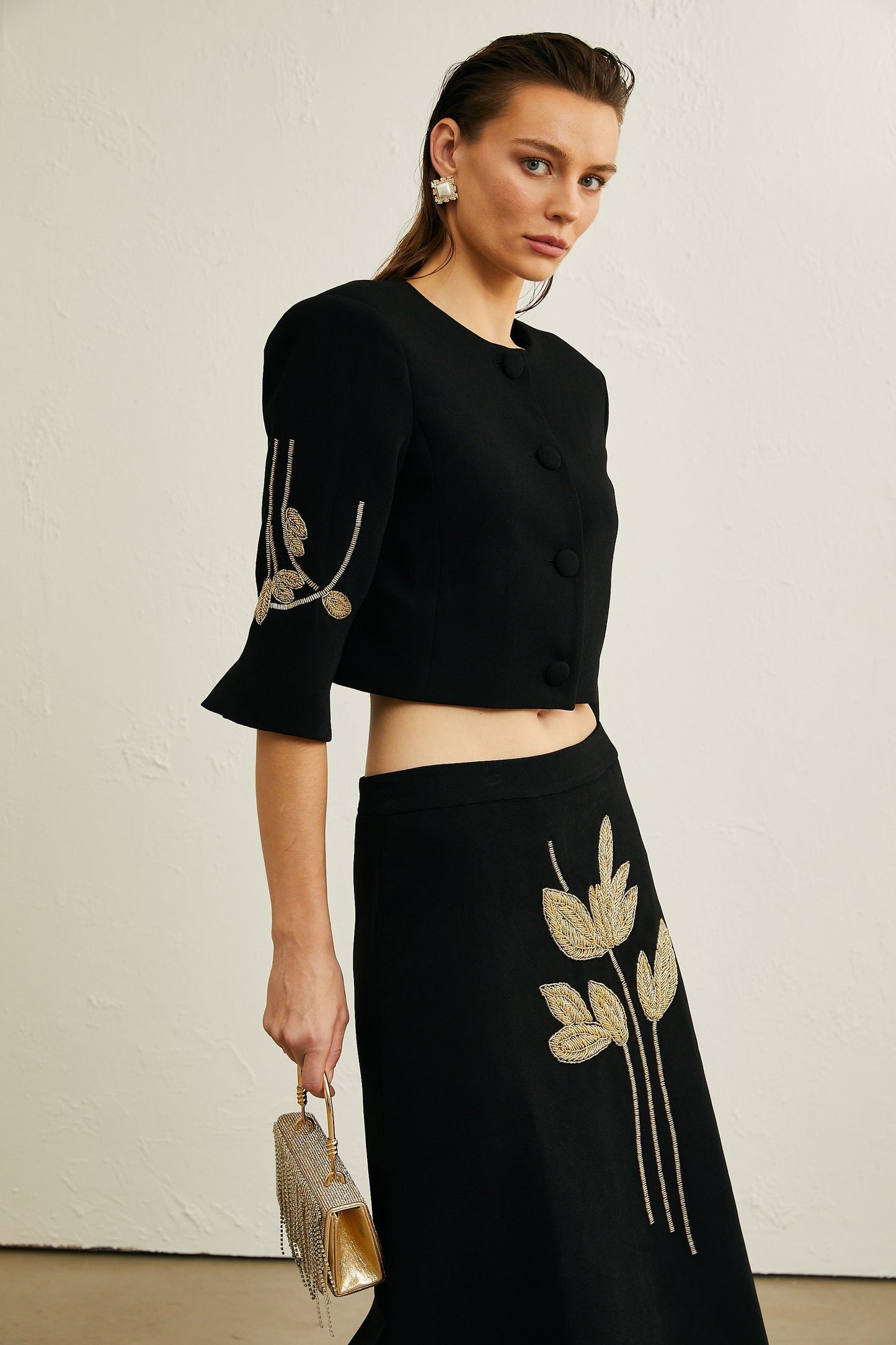Pauline black floralappliqué jacket skirt matching set