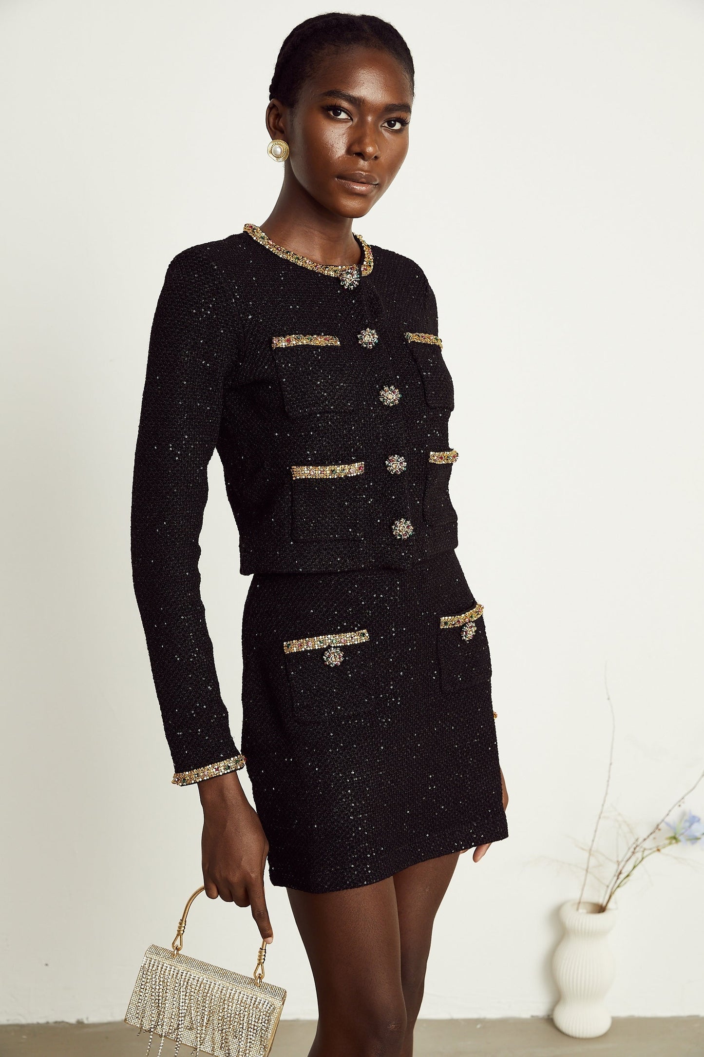 Ariane black sequined tweed jacket skirt matching set