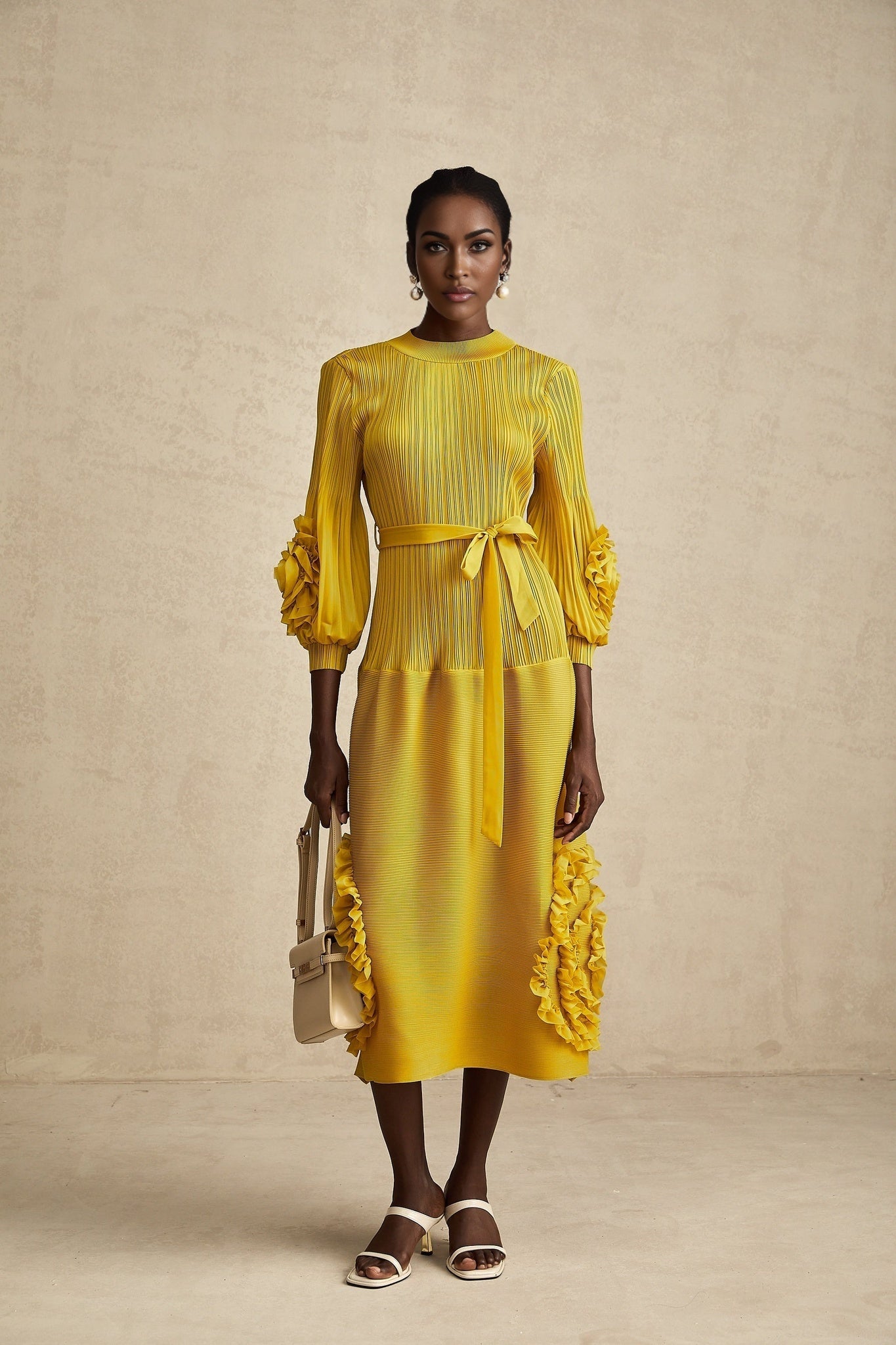 Aïda yellow 3dpetal ruffled midi dress