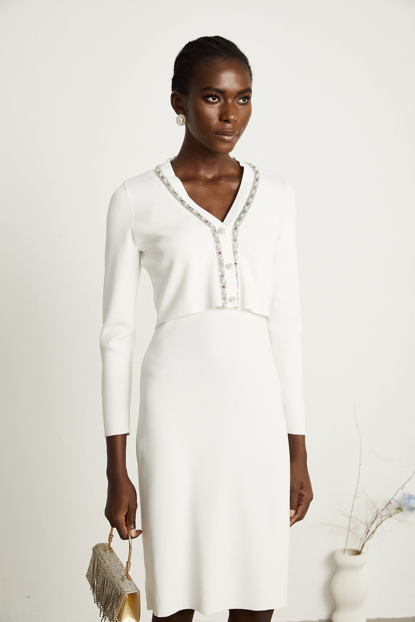 Blanche white beadembellished cardigan dress matching set