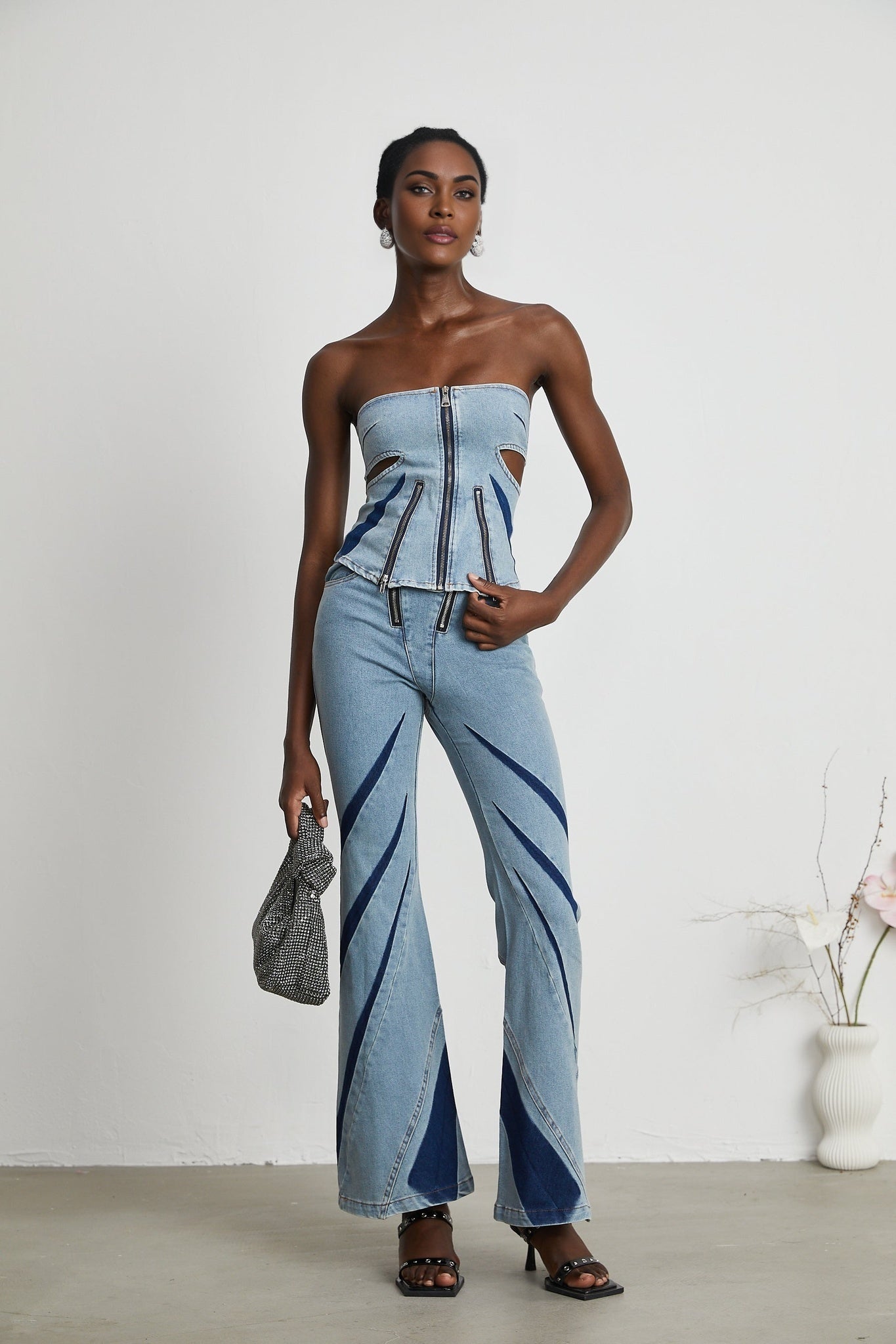 Inès colorblocked denim top jeans matching set