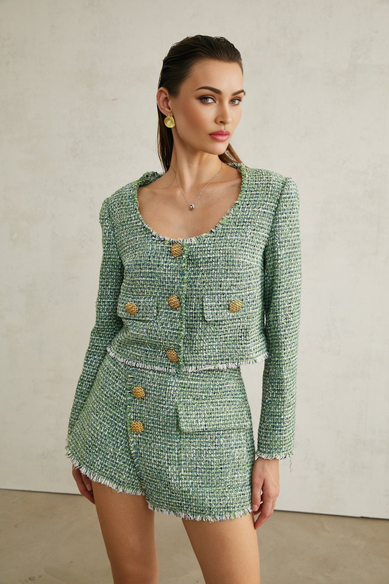 Alyss green tweed jacket shorts matching set