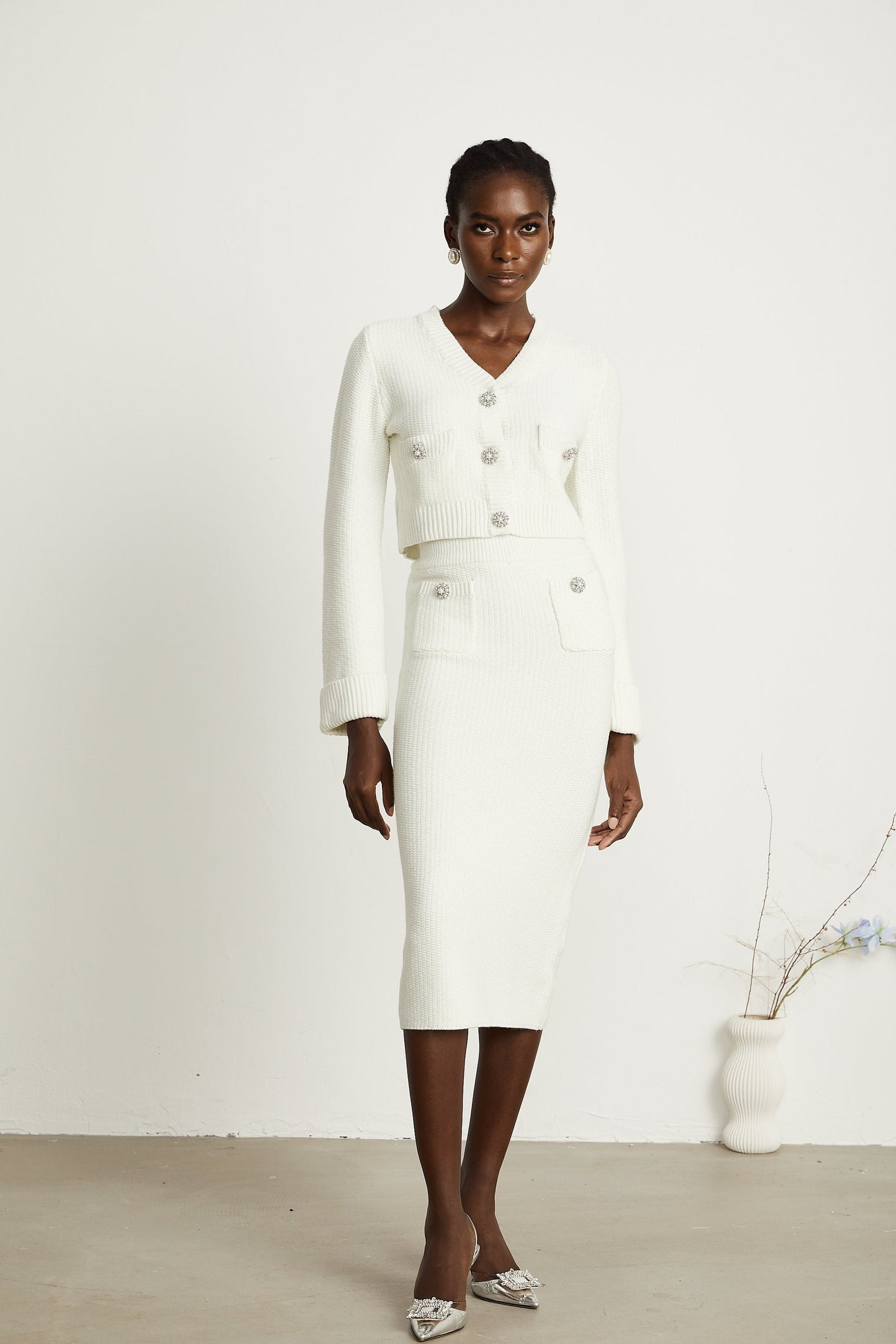 Clarisse white knitted cardigan skirt matching set
