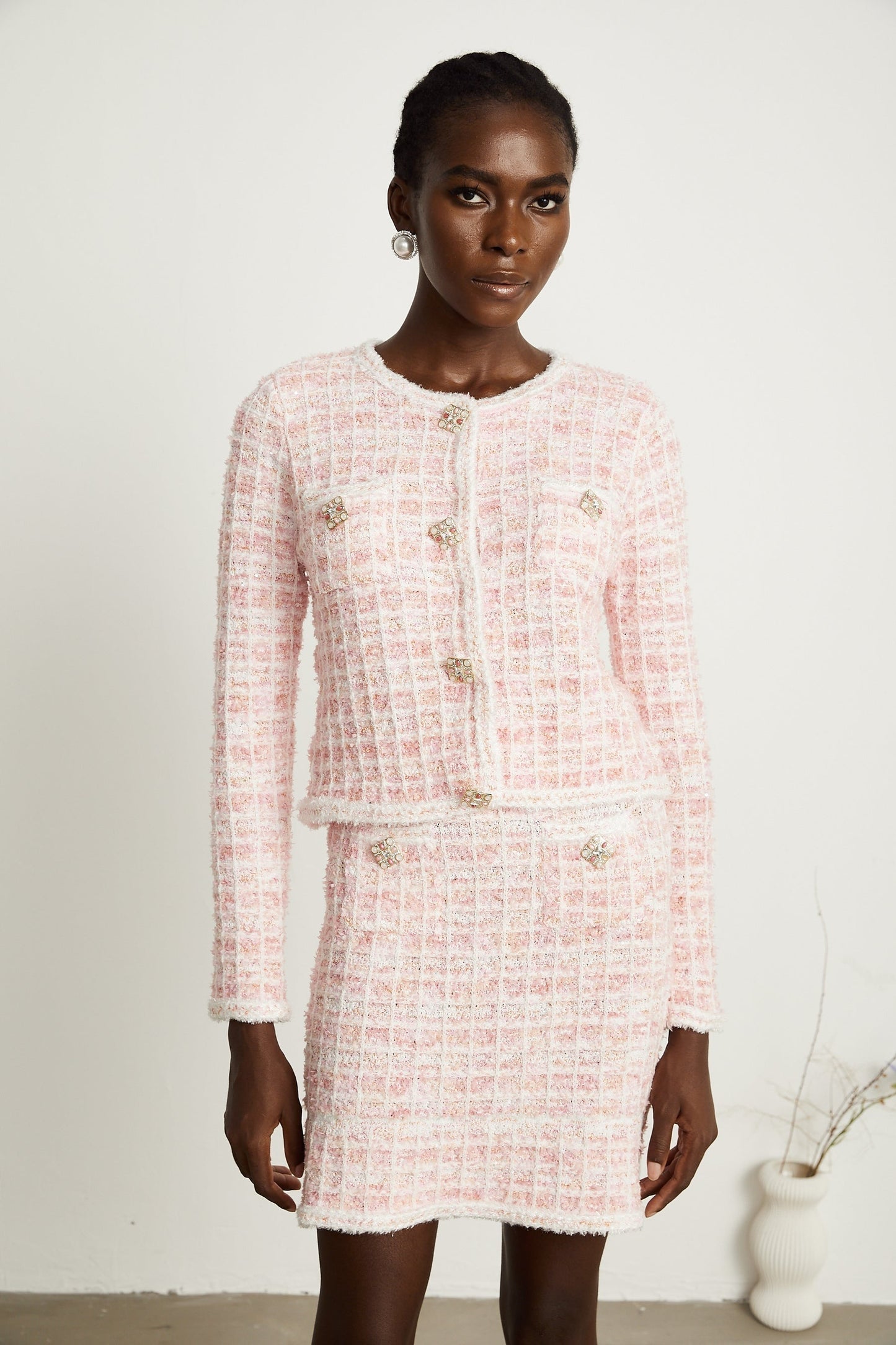 Capucine pink checkpattern cardigan skirt matching set