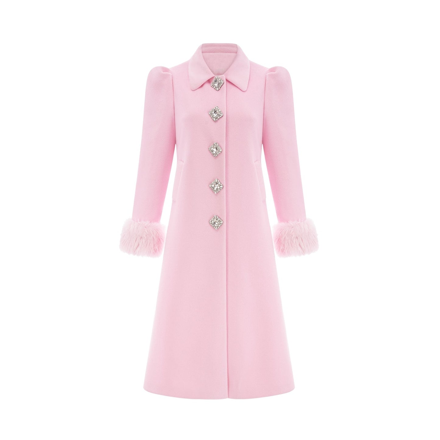 A pink faux fur overcoat named Louisette shown on a mannequin or model against a plain background