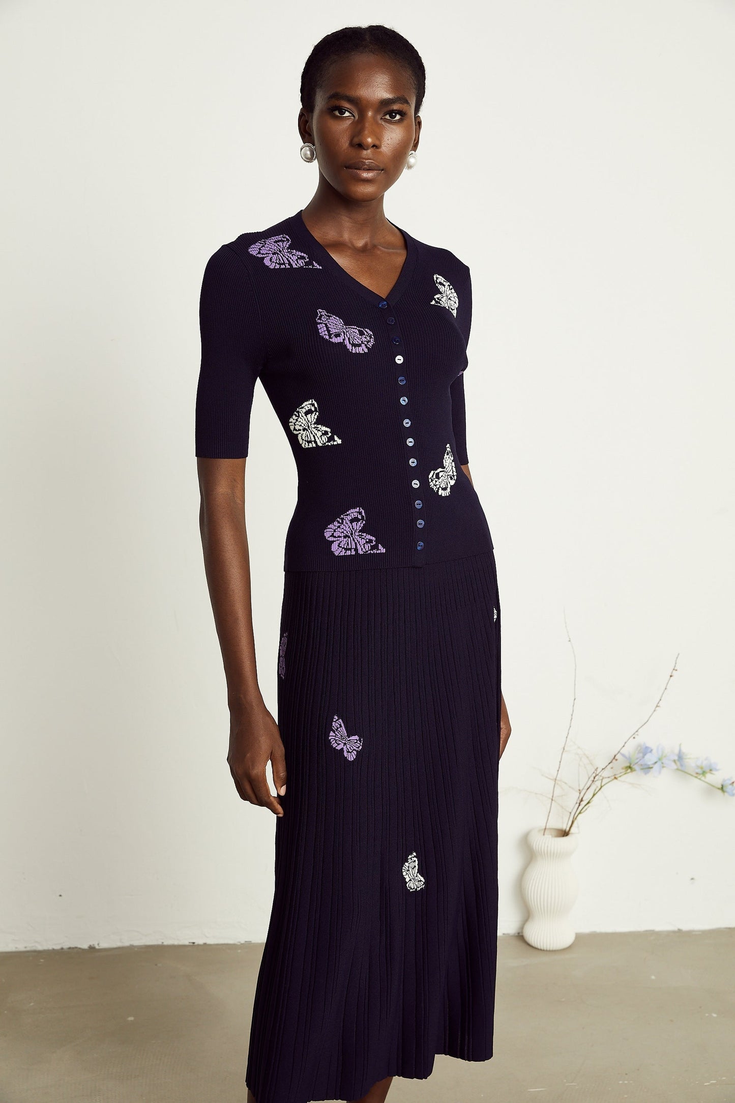 Delphine butterfly ribbedknit top skirt matching set