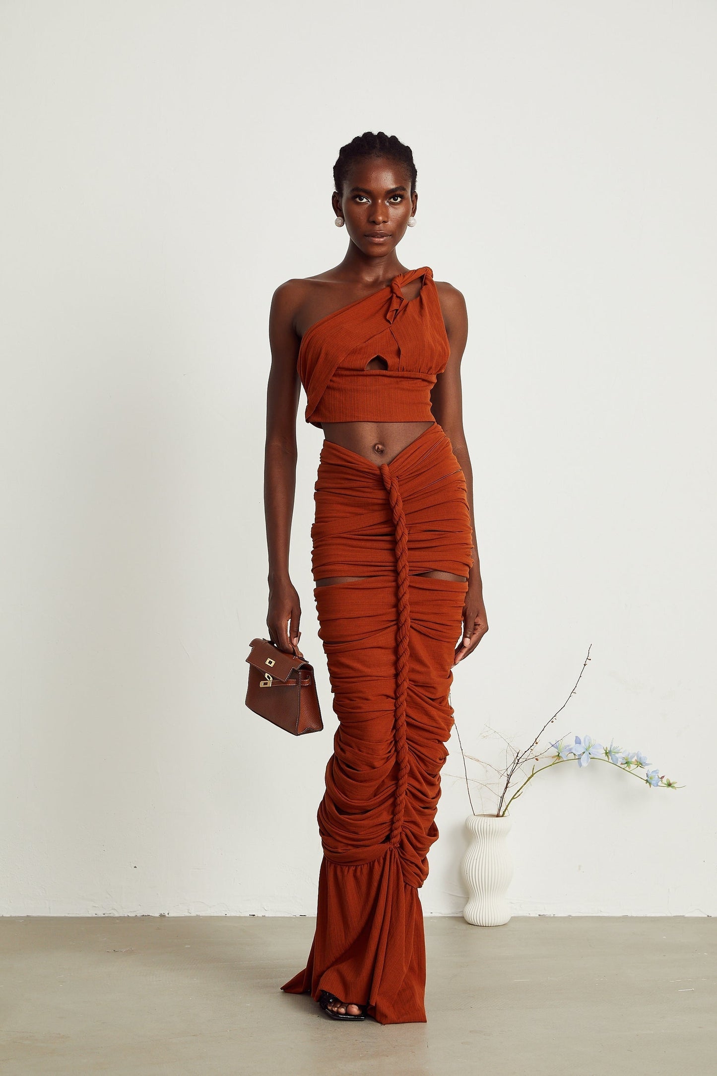 Célestine brown twisted cutout top skirt matching set