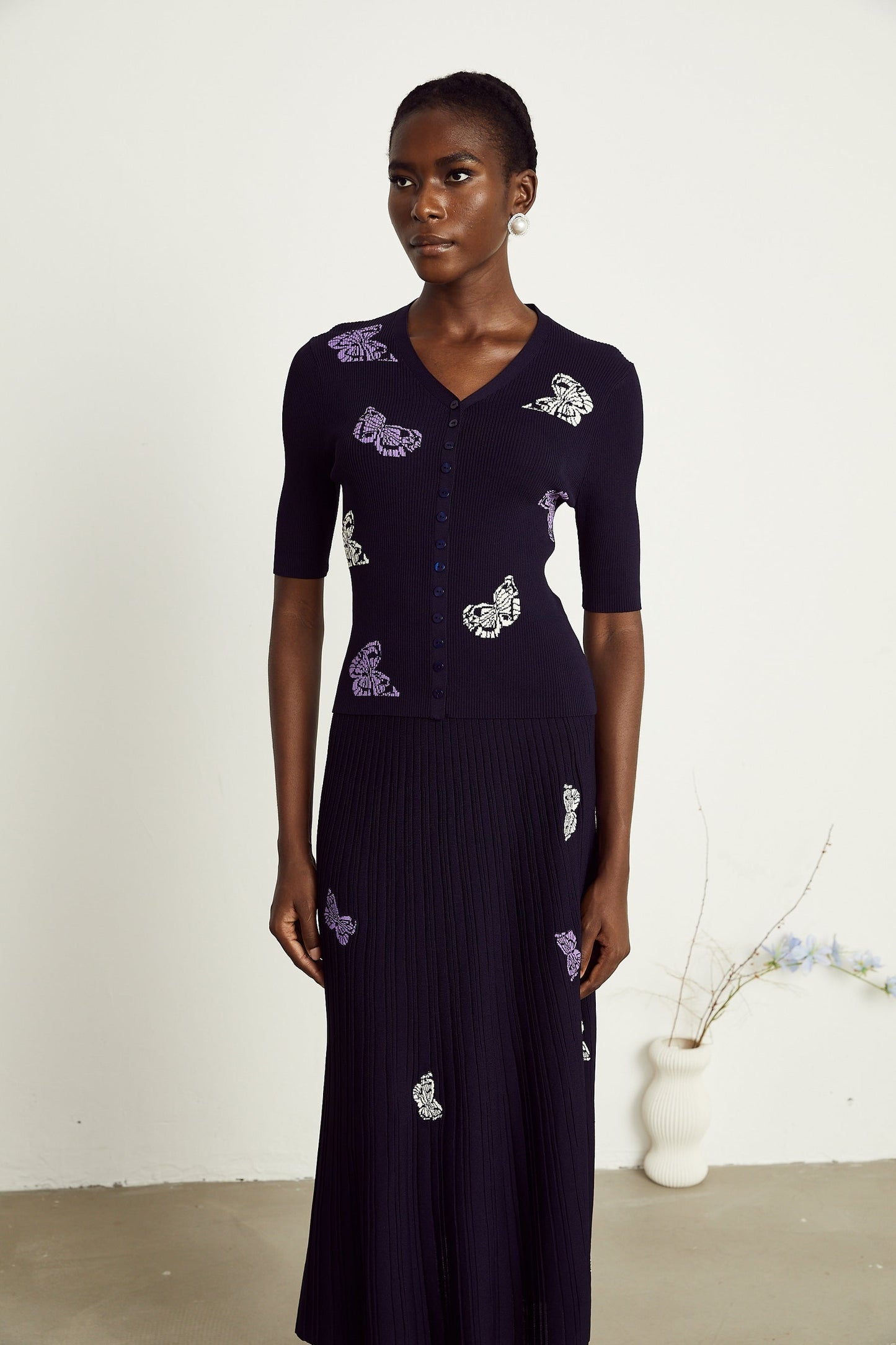 Delphine butterfly ribbedknit top skirt matching set