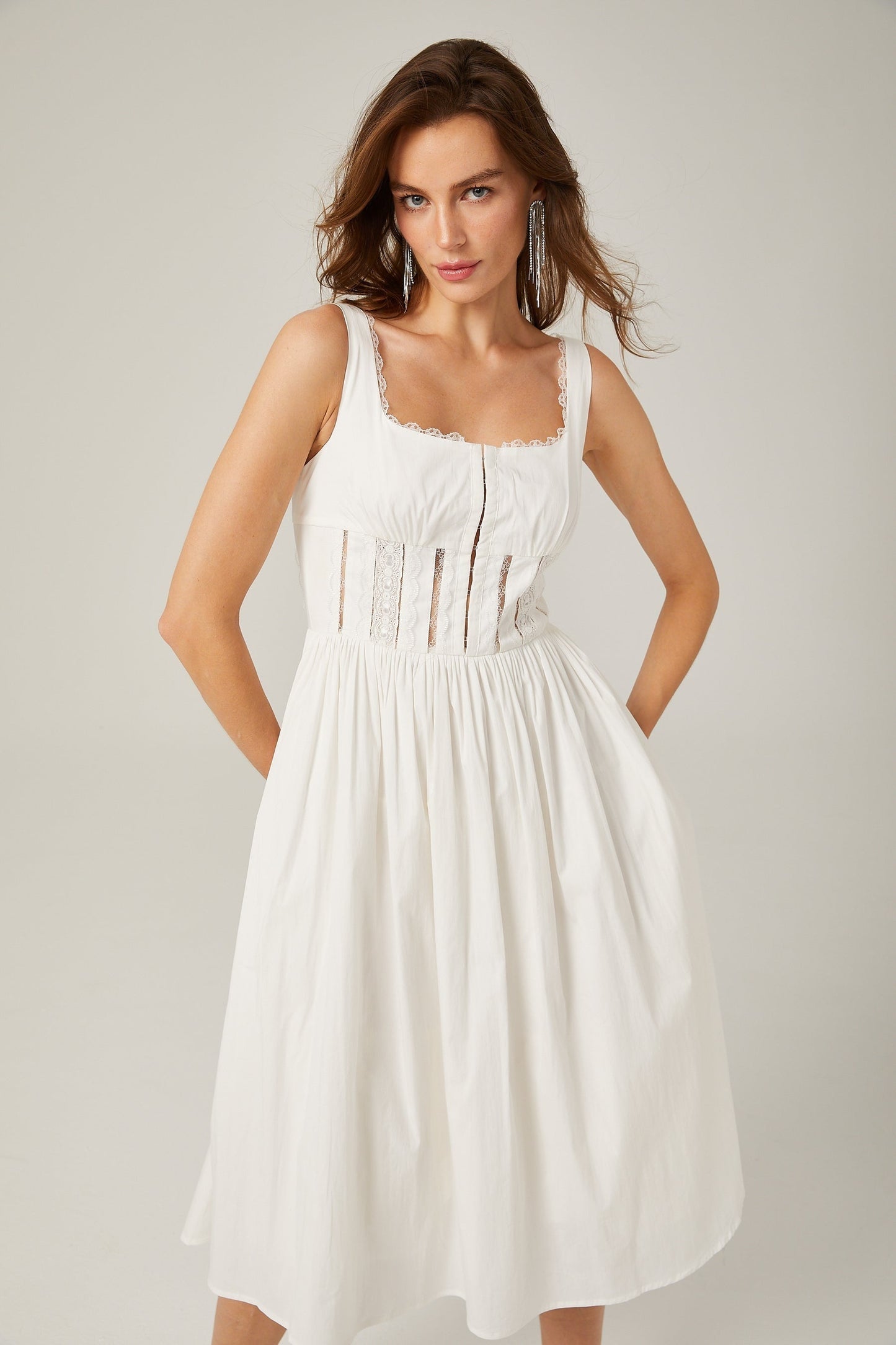 Jeanne white lace cutout midi dress