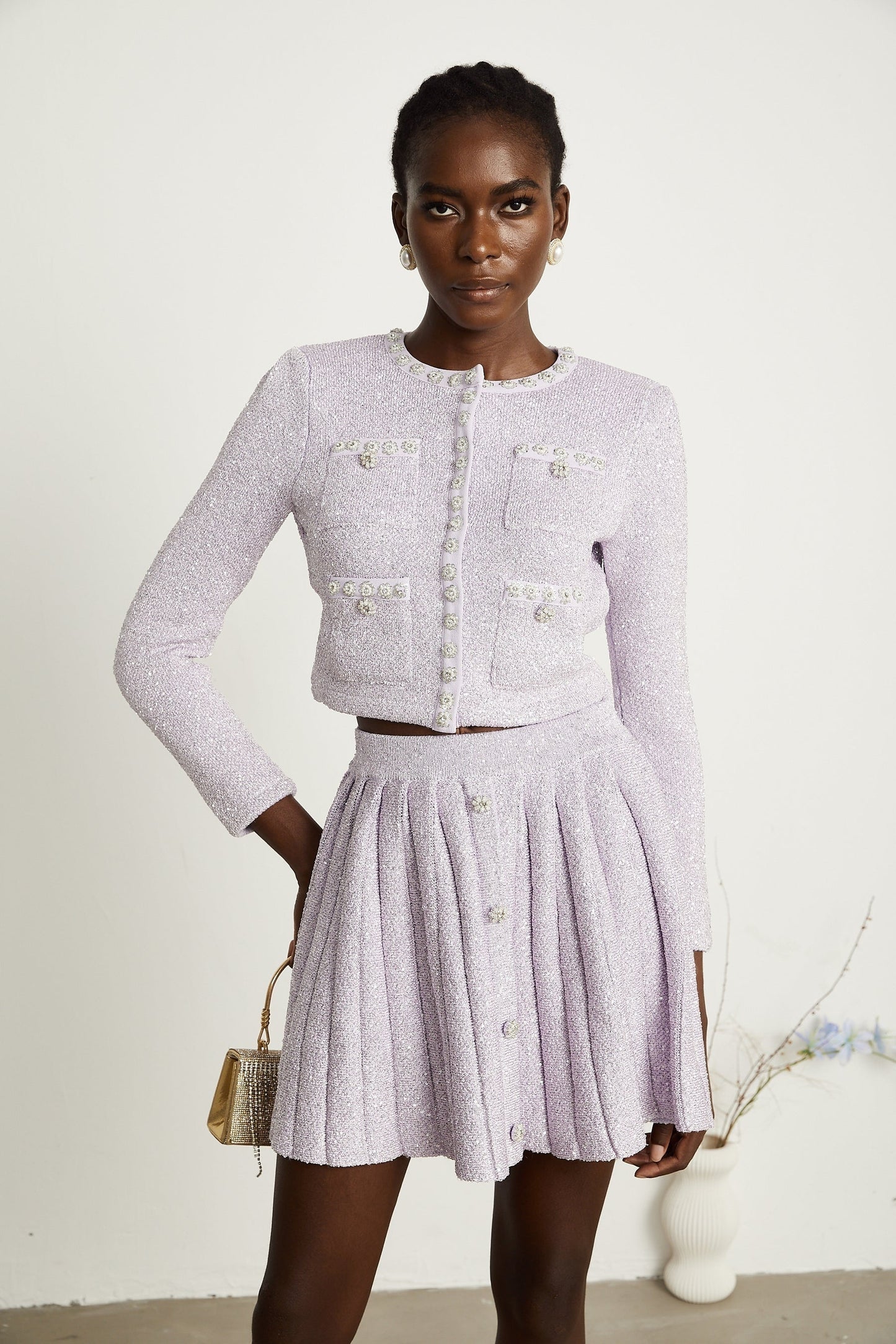 Fabienne purple sequindetail jacket skirt matching set