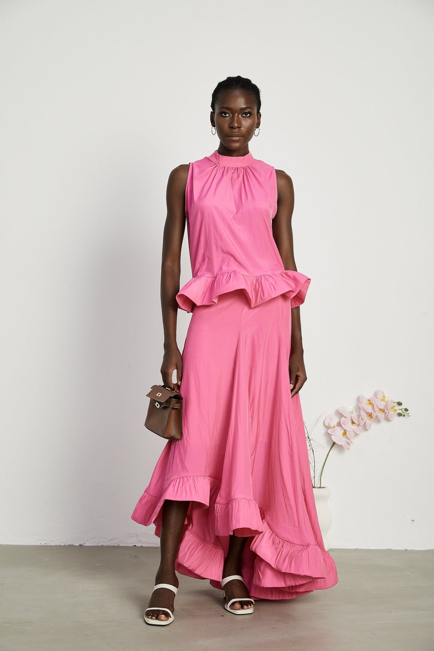 Mathilde pink ruffled top skirt matching set