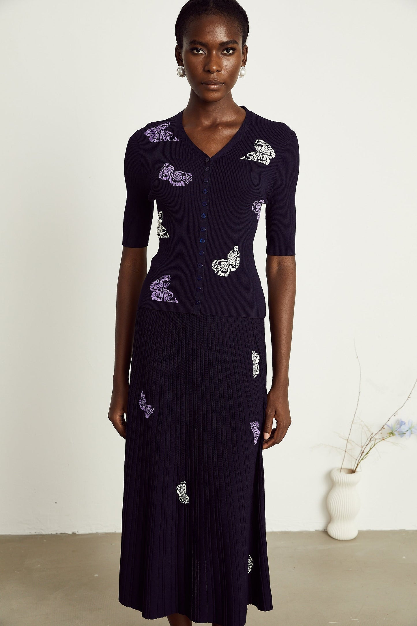 Delphine butterfly ribbedknit top skirt matching set