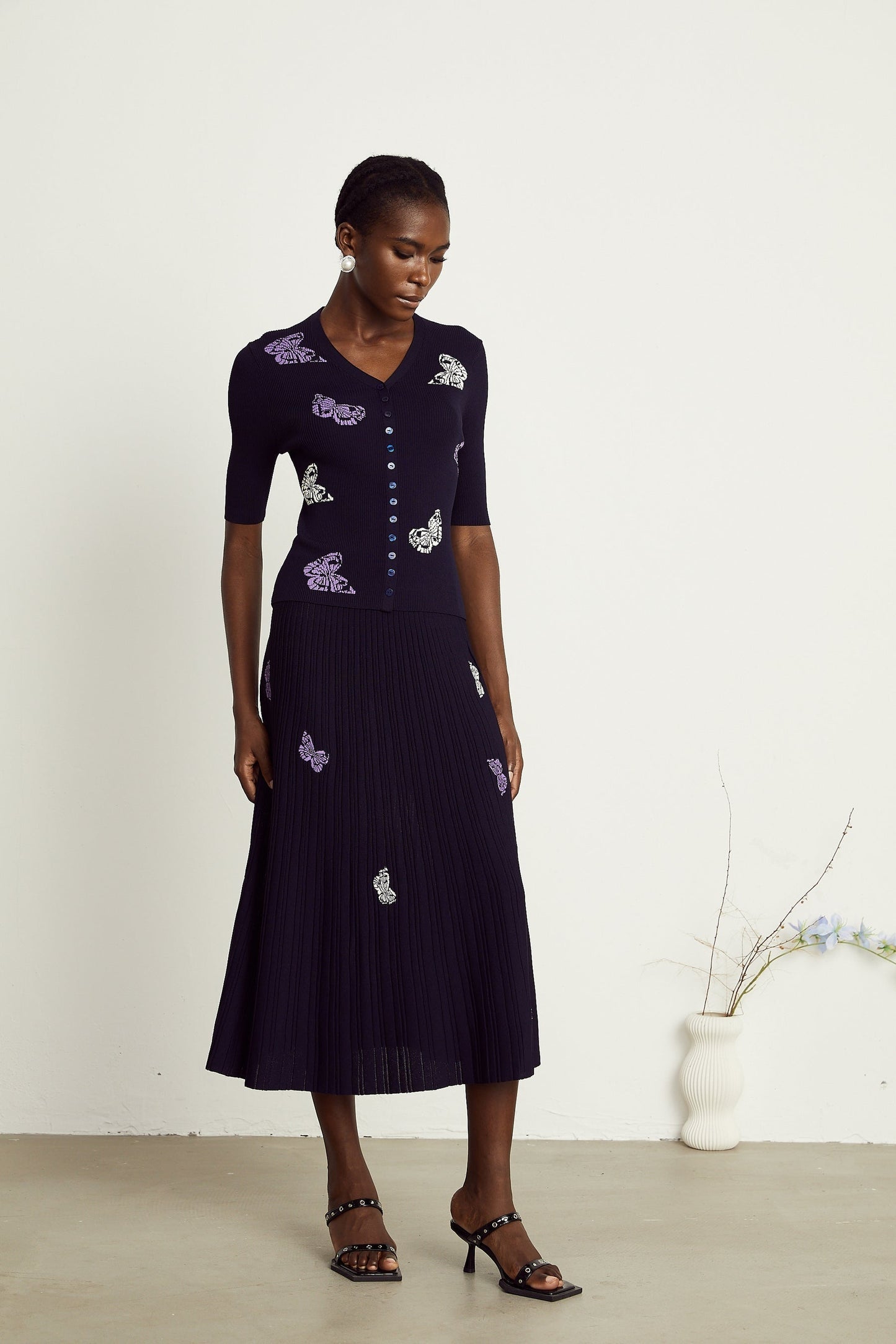 Delphine butterfly ribbedknit top skirt matching set