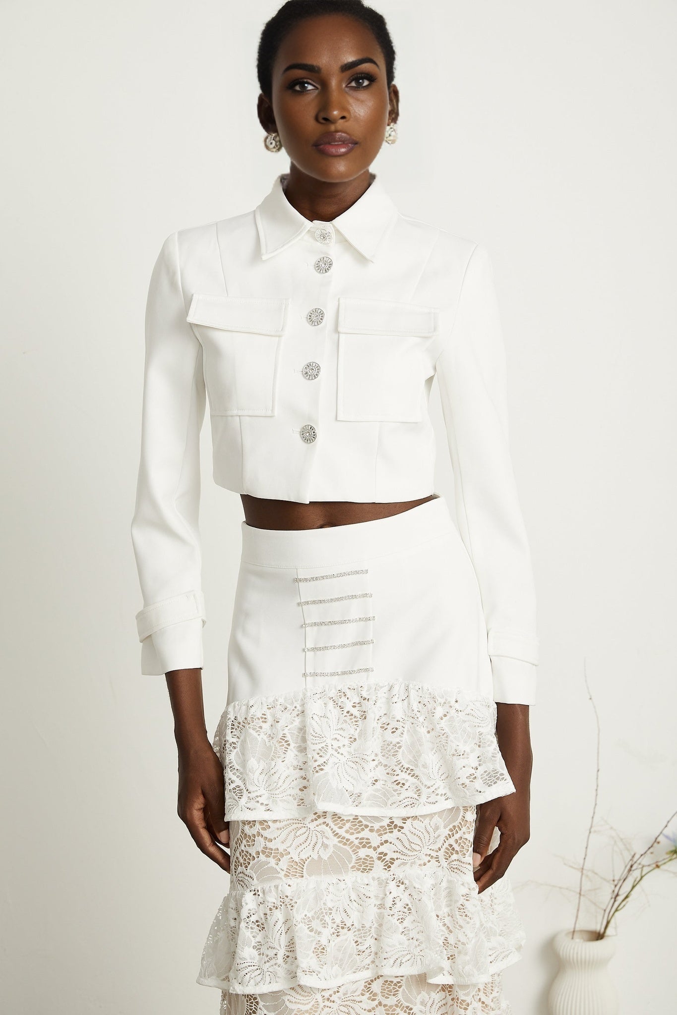 Zélie white lacepanel jacket skirt matching set