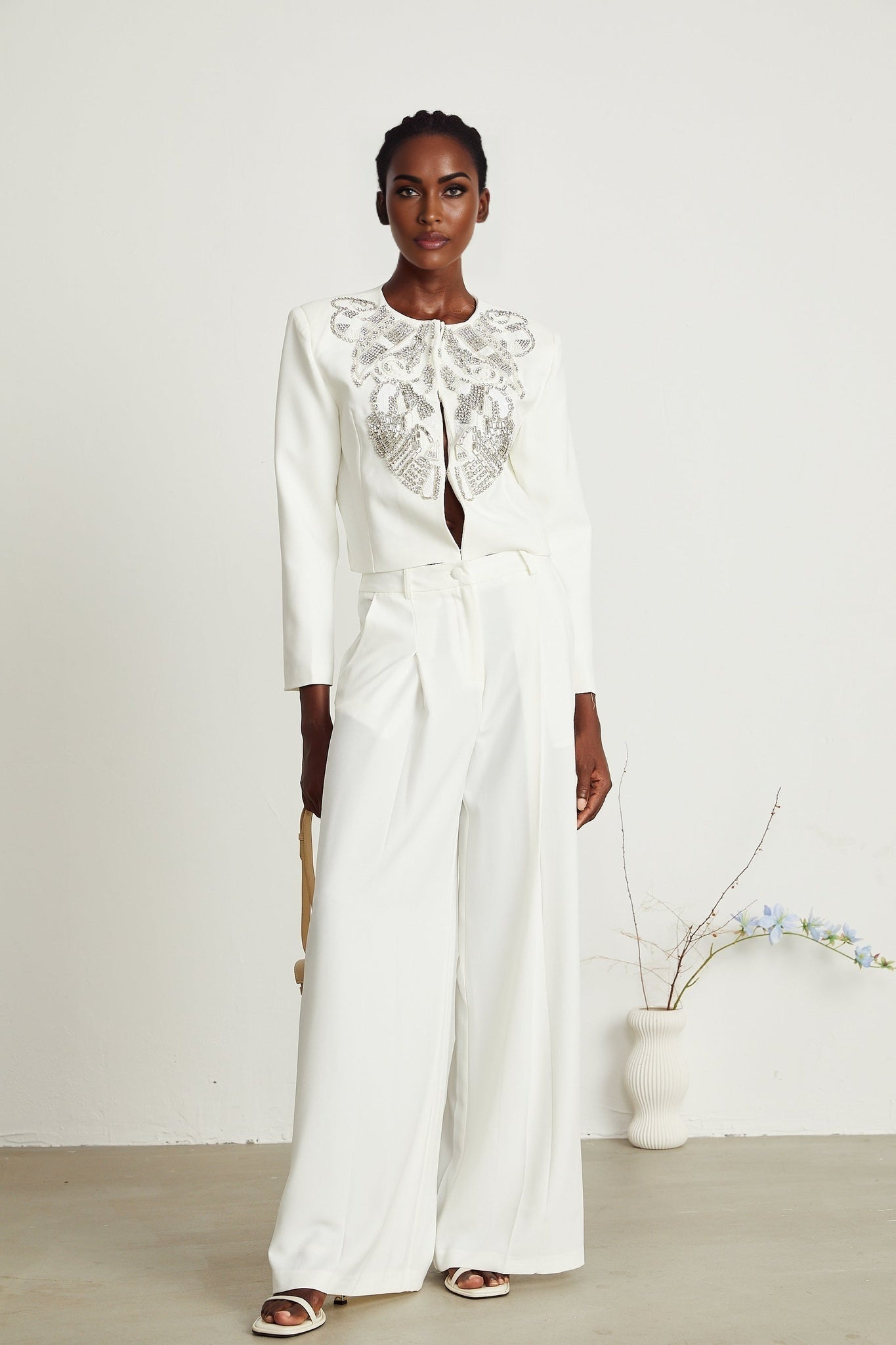Agnès white embellished jacket trousers matching set