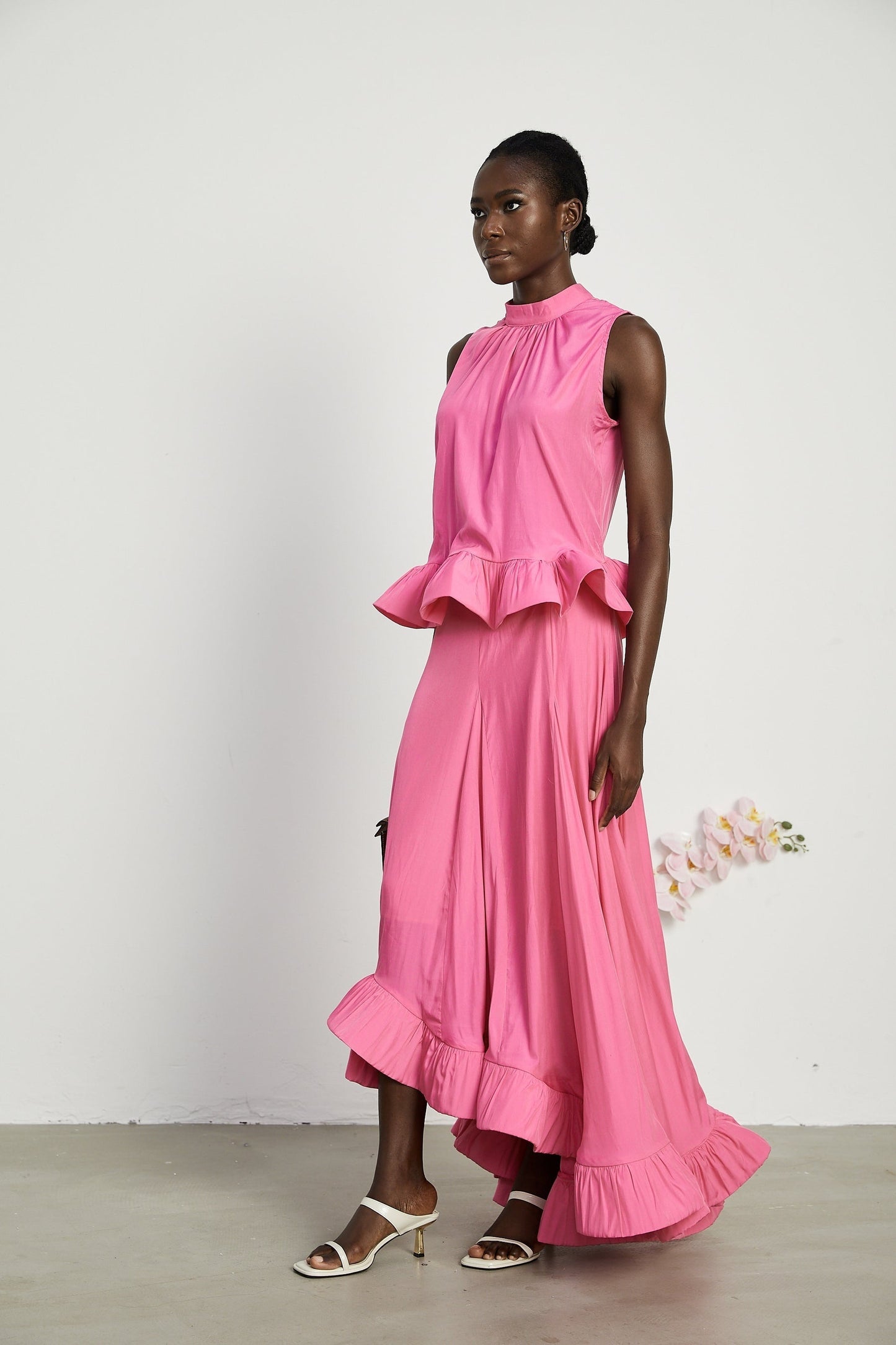 Mathilde pink ruffled top skirt matching set
