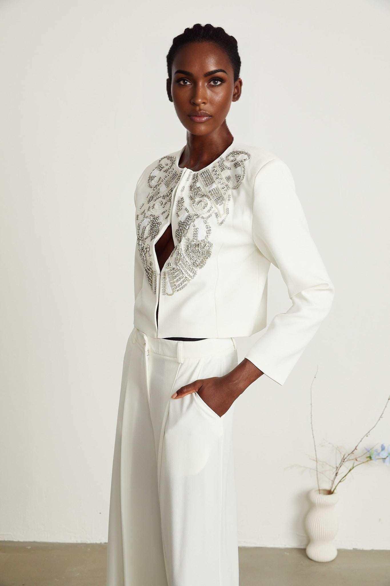 Agnès white embellished jacket trousers matching set