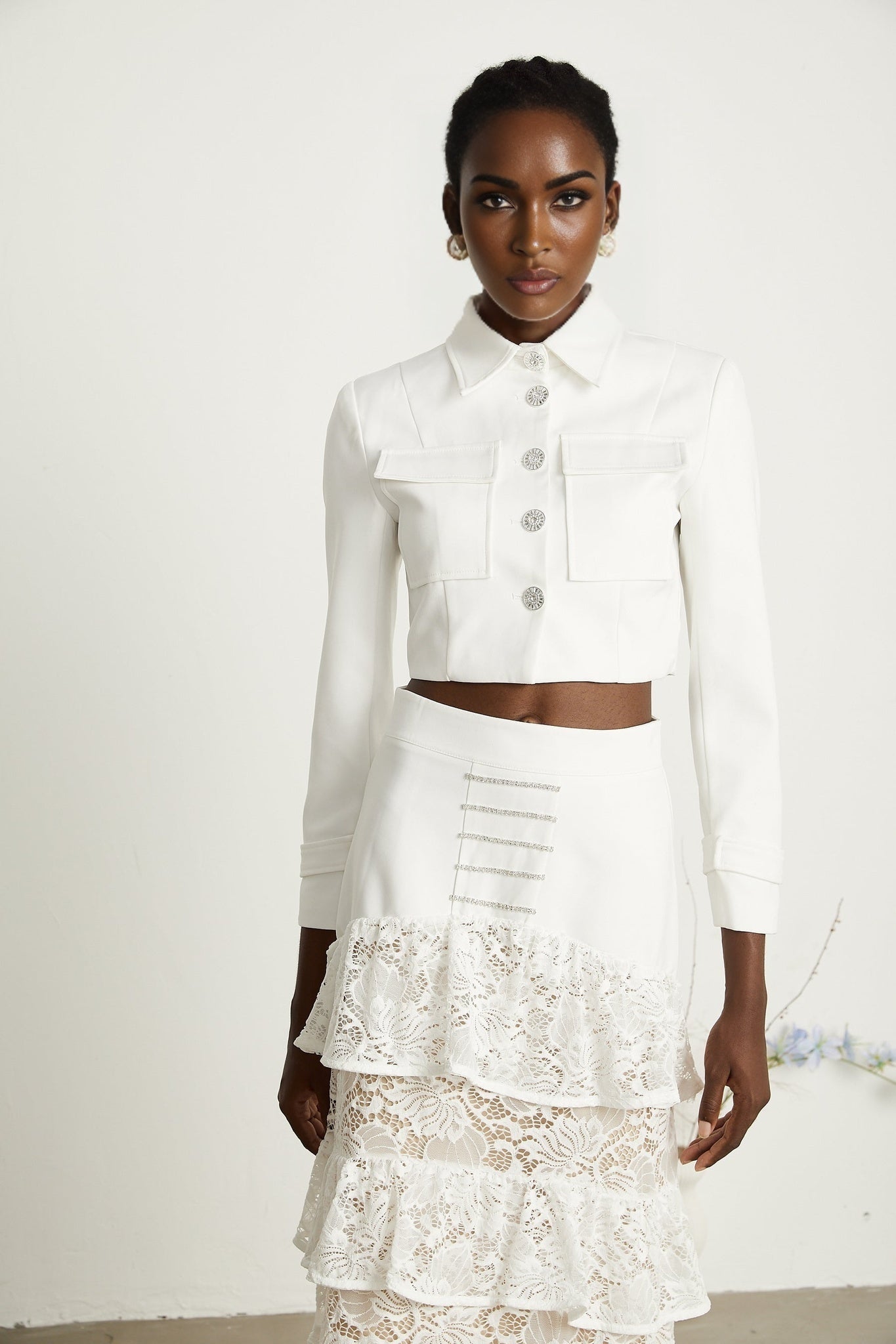 Zélie white lacepanel jacket skirt matching set