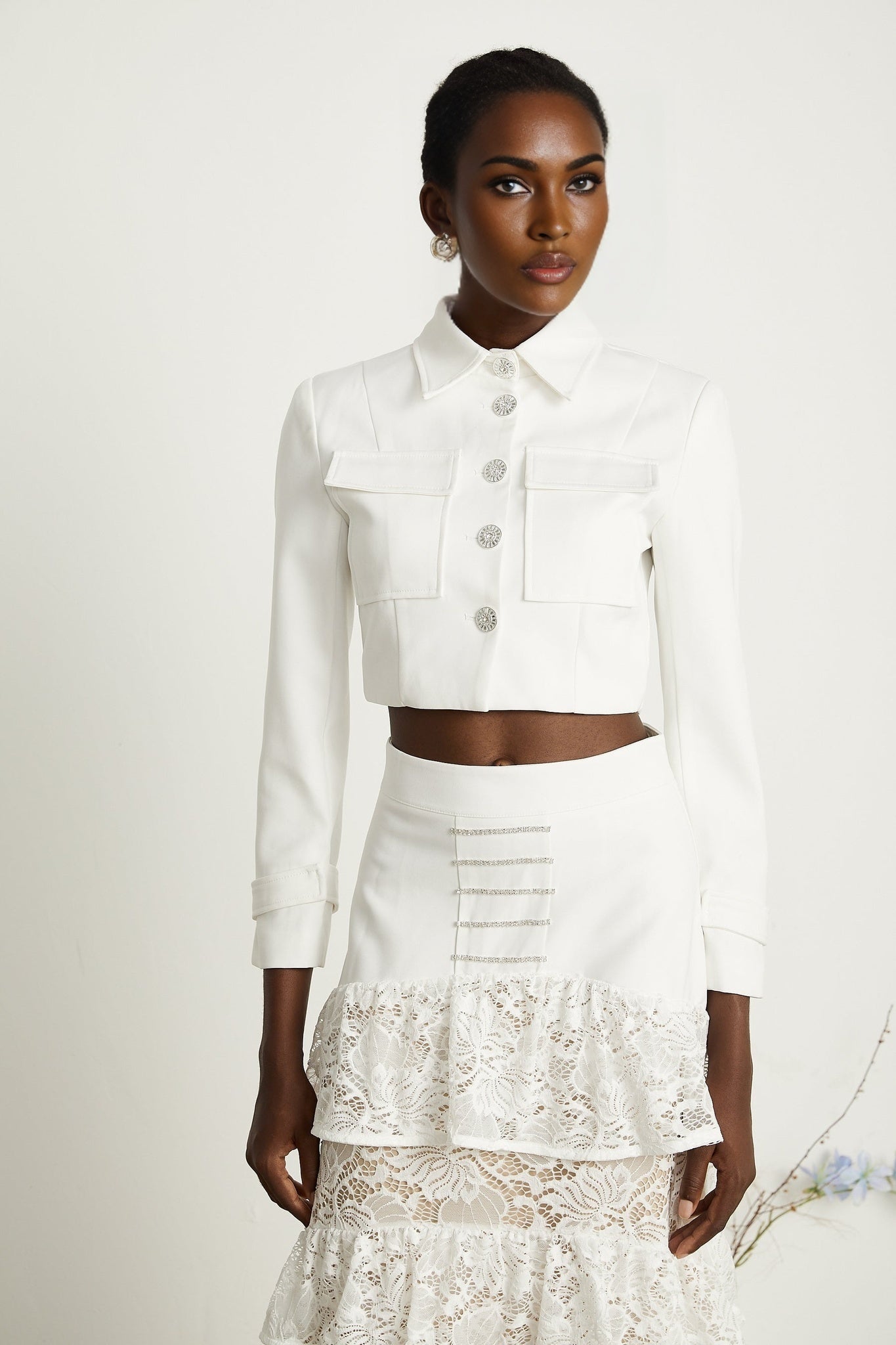 Zélie white lacepanel jacket skirt matching set