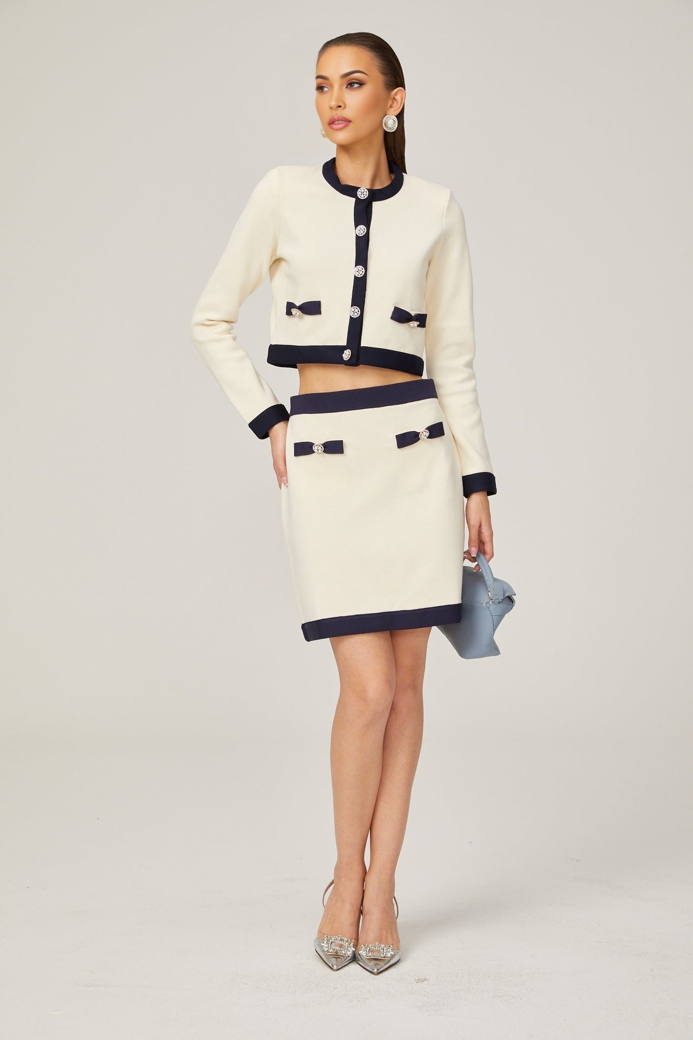 Émeline bowdetail knitted cardigan skirt matching set