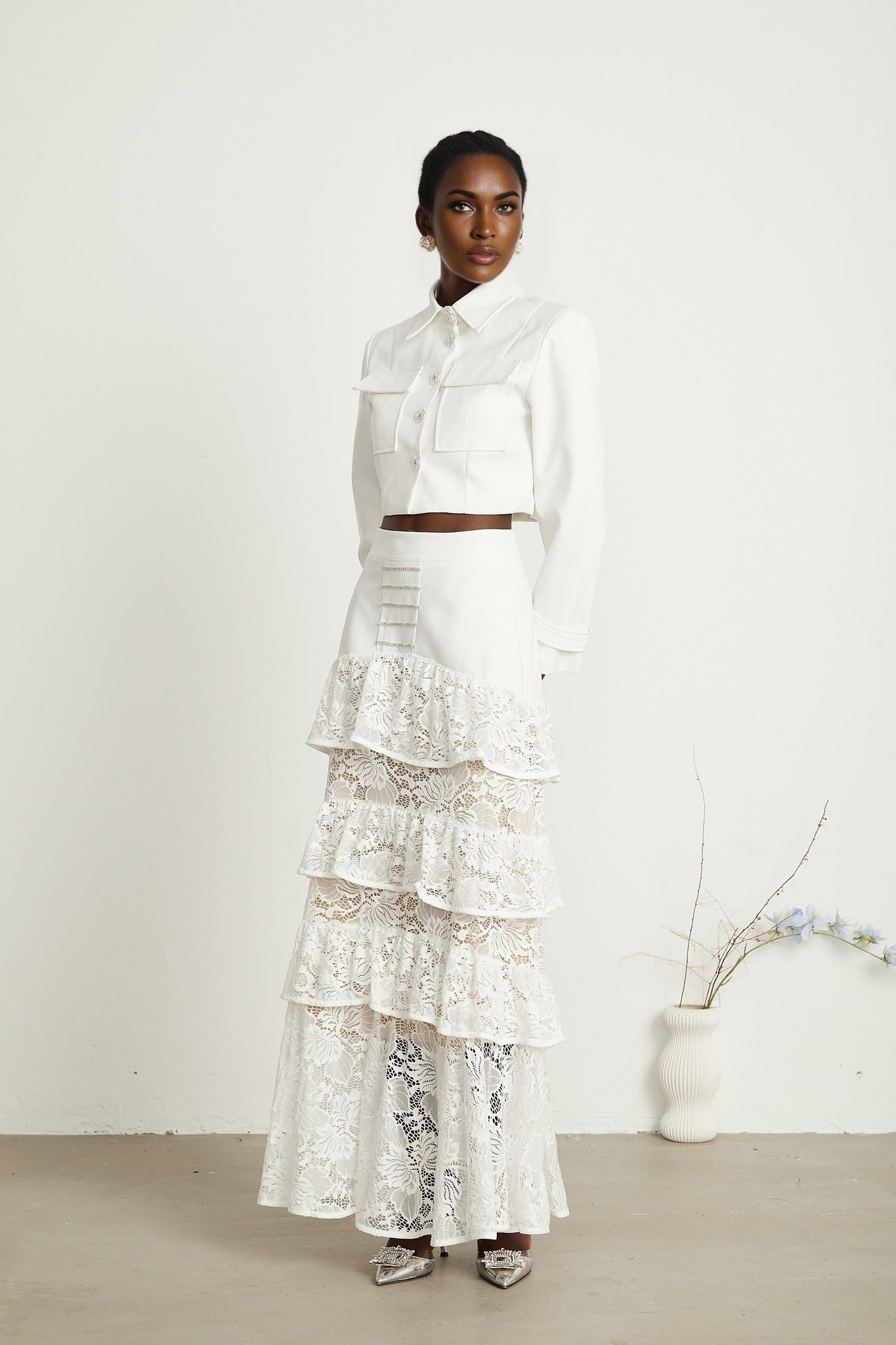 Zélie white lacepanel jacket skirt matching set