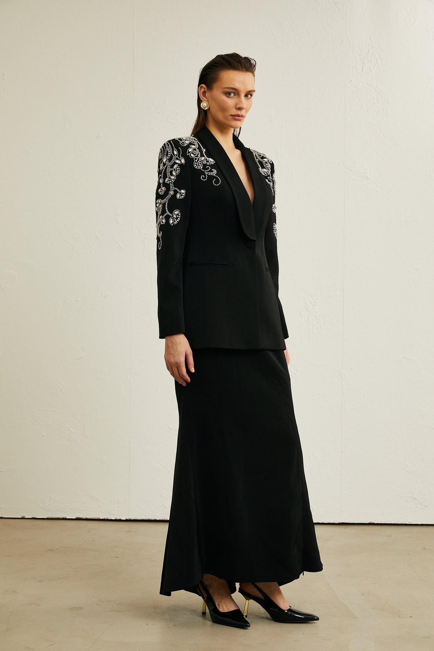 Morgane black embellished jacket skirt matching set