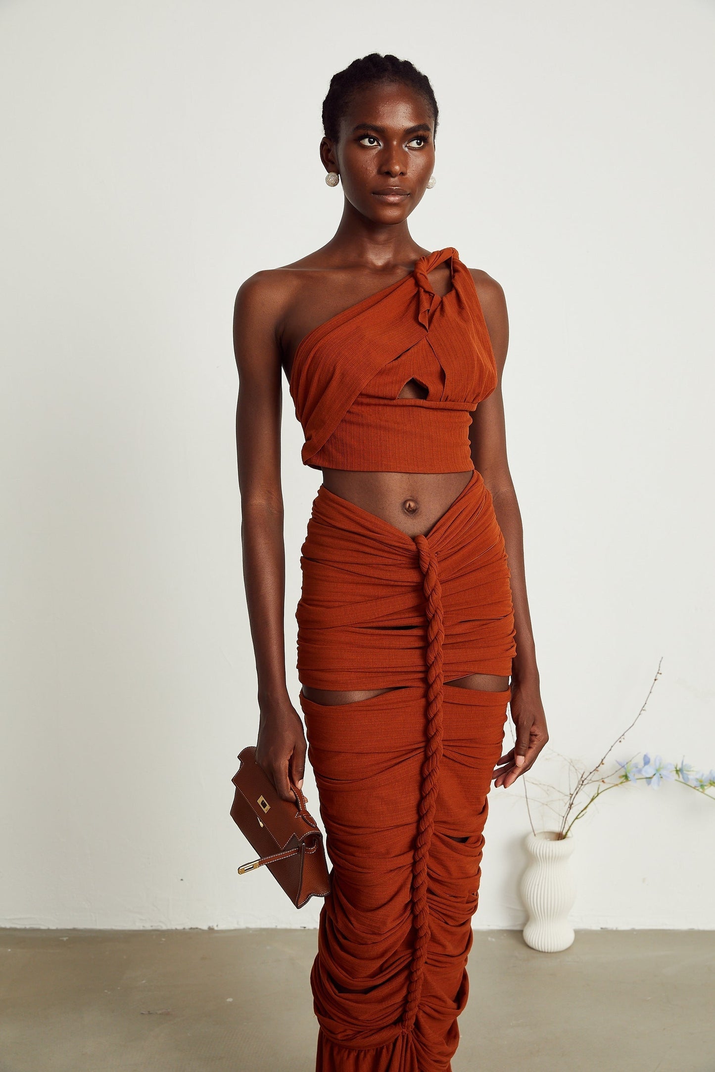 Célestine brown twisted cutout top skirt matching set