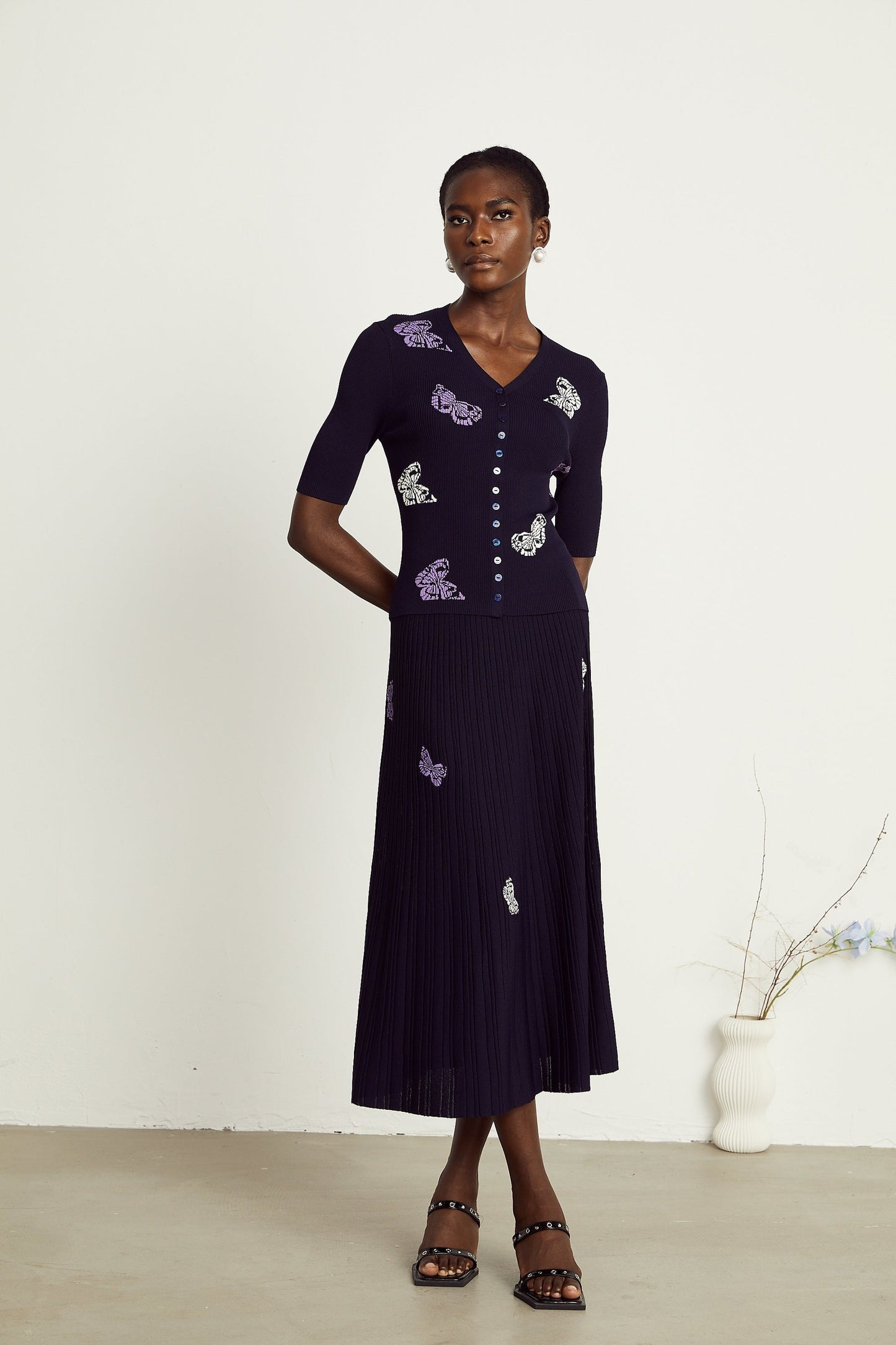 Delphine butterfly ribbedknit top skirt matching set