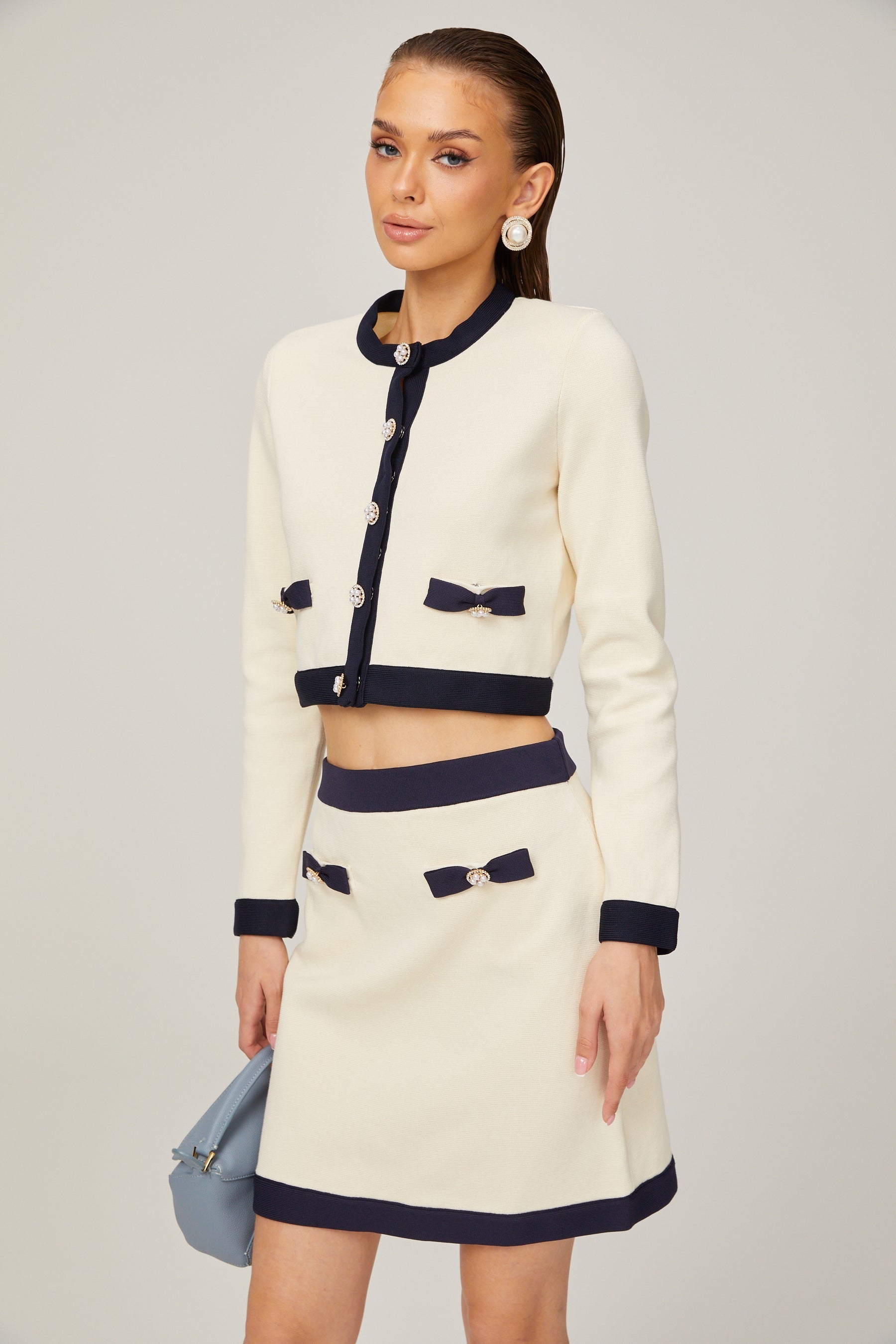 Émeline bowdetail knitted cardigan skirt matching set
