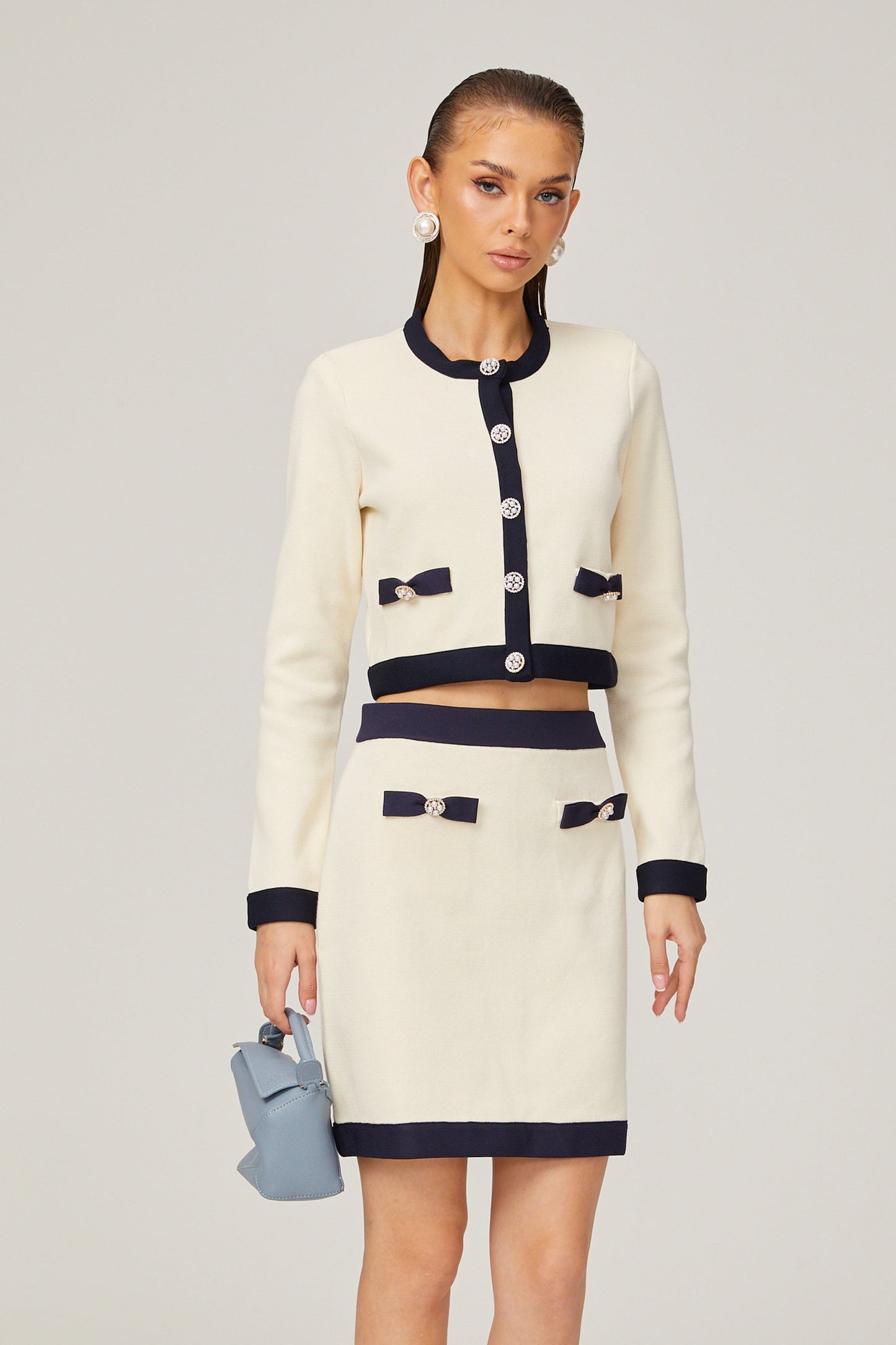 Émeline bowdetail knitted cardigan skirt matching set
