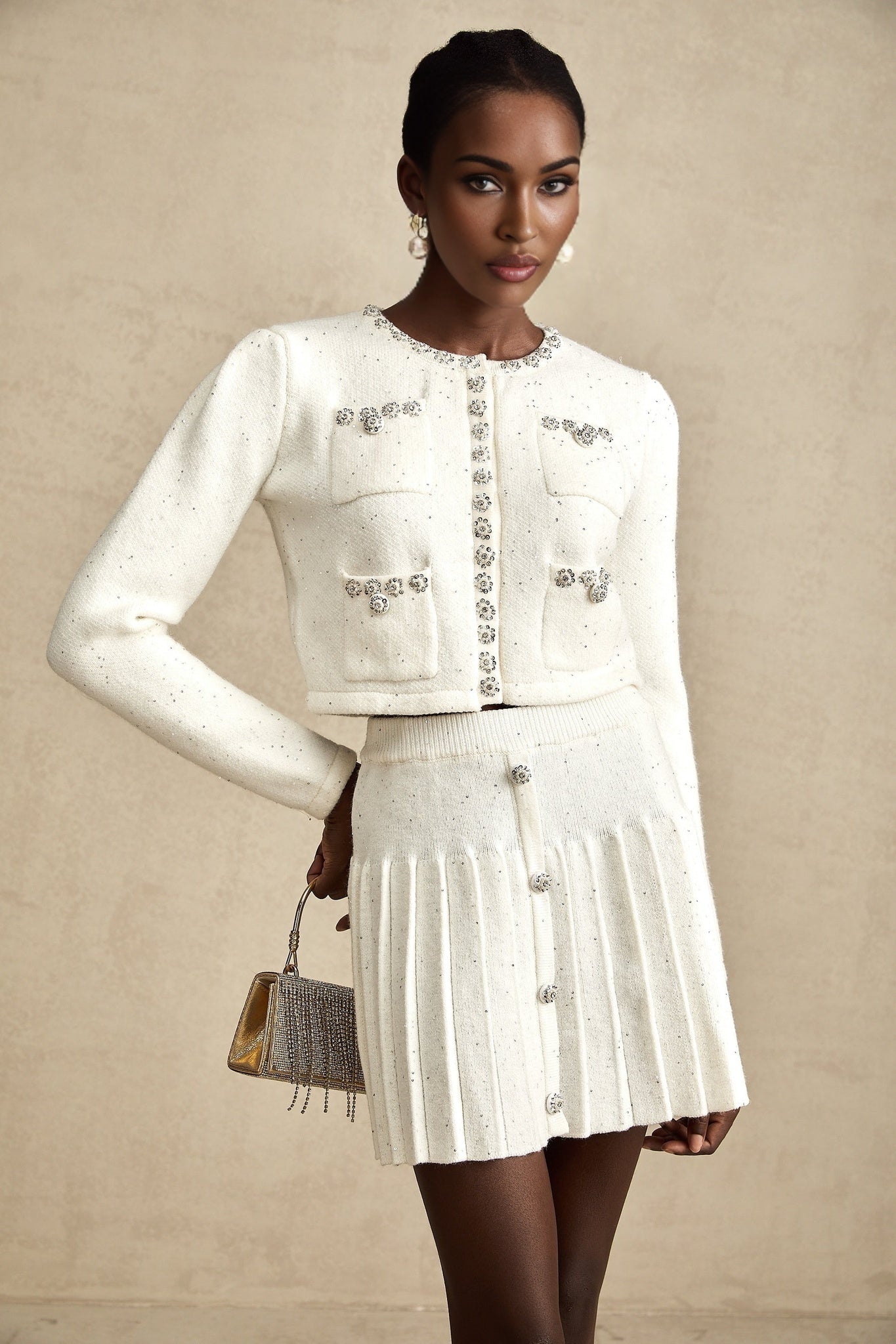 Fabienne white embellished jacket skirt matching set