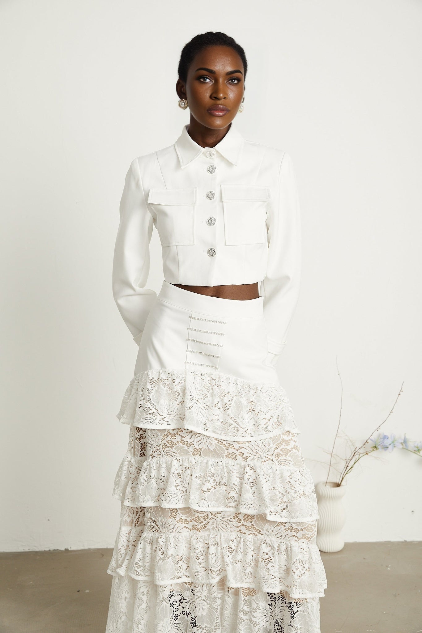 Zélie white lacepanel jacket skirt matching set