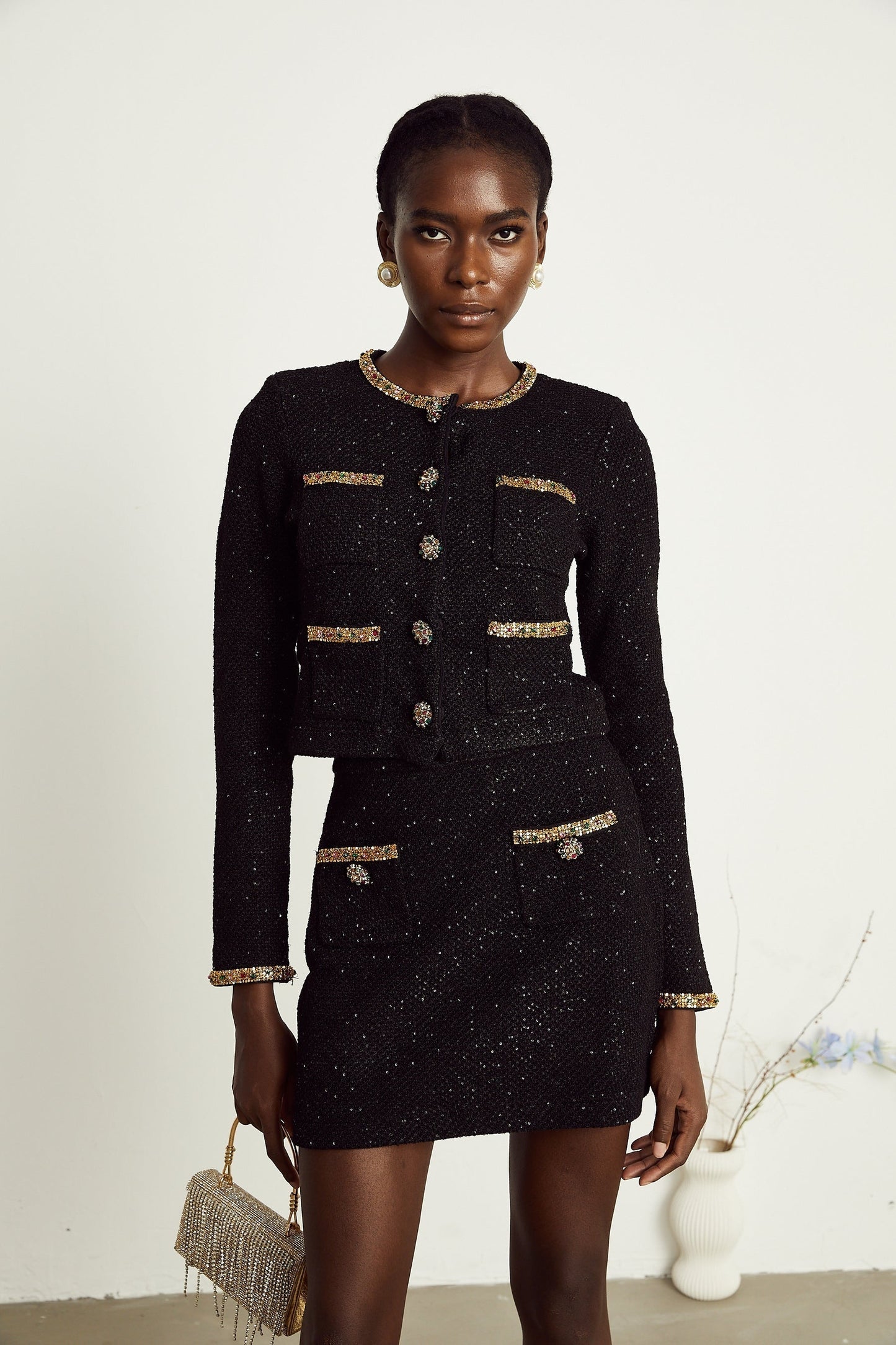 Ariane black sequined tweed jacket skirt matching set