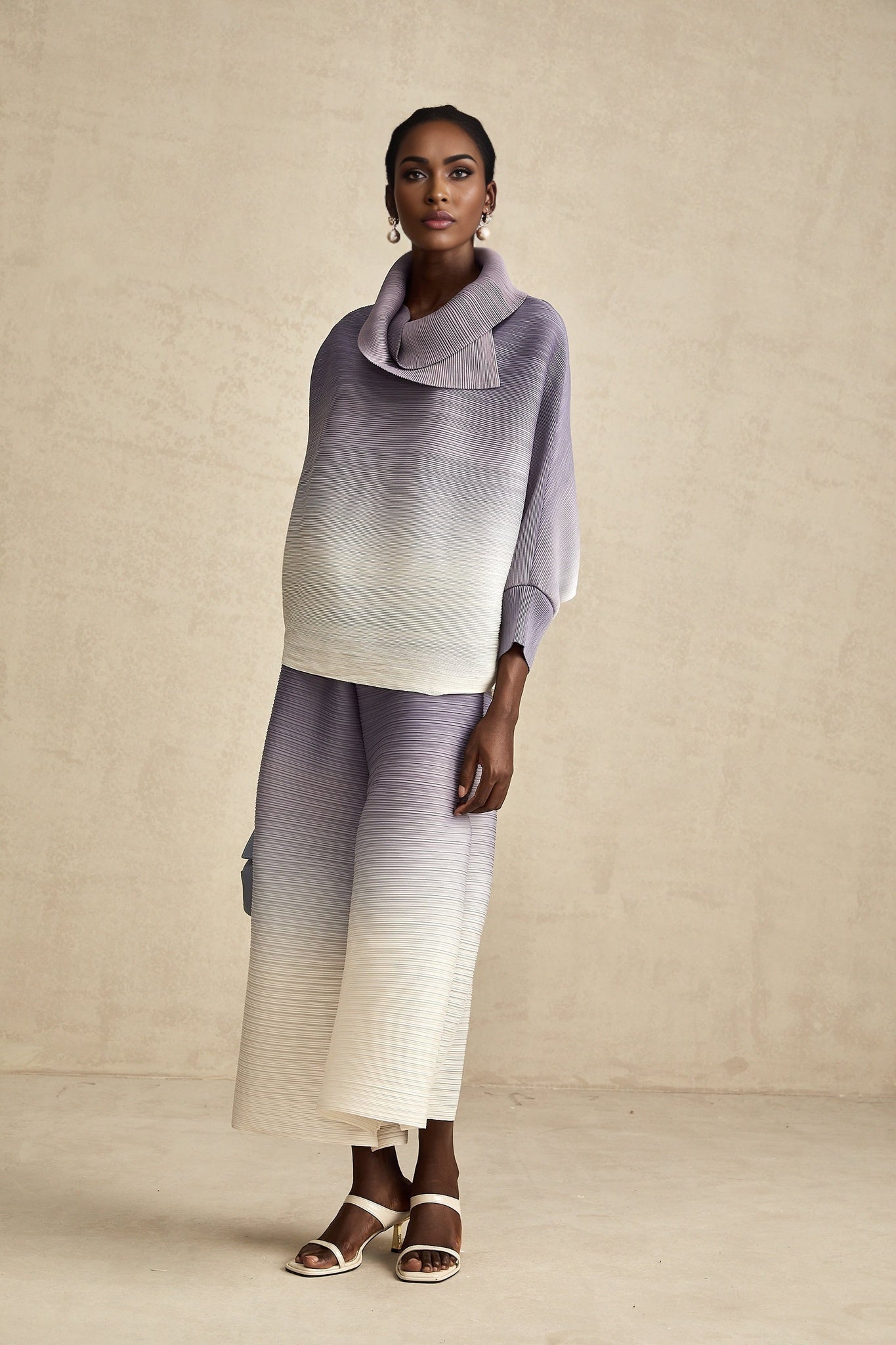 Agathe purple gradient wrinkled blouse trousers matching set