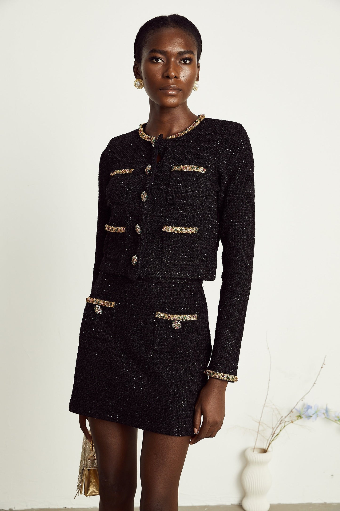Ariane black sequined tweed jacket skirt matching set