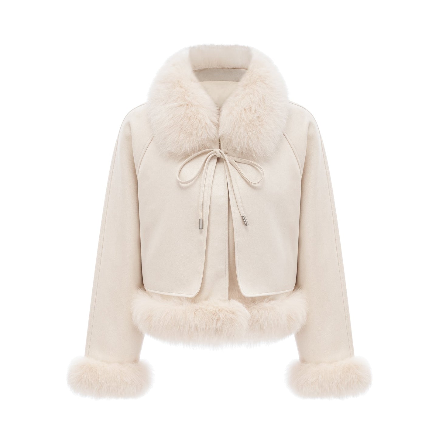 A white short coat made of suede with fur trim and padding worn by a model against a plain background