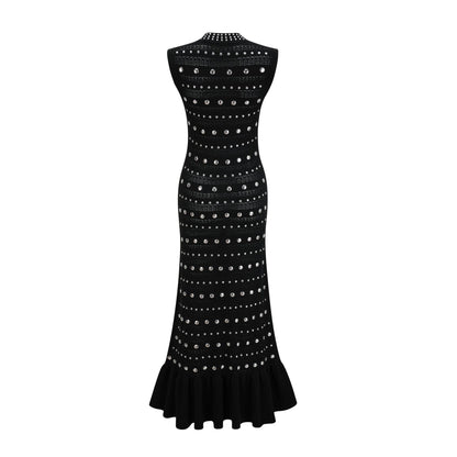 Black crochet knit maxi dress with studs by Chloe