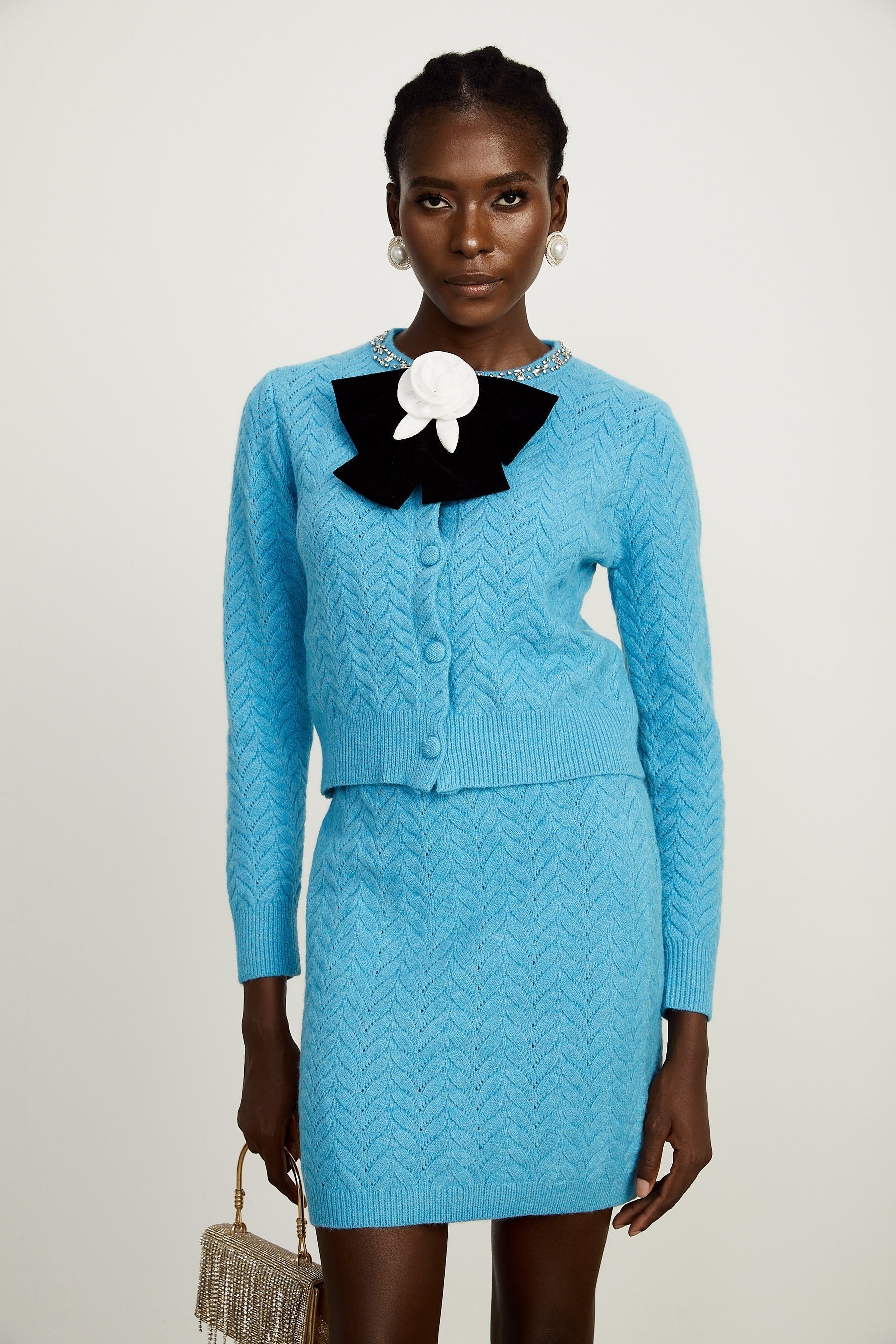 Aliénor blue knitted embellished cardigan  skirt matching set