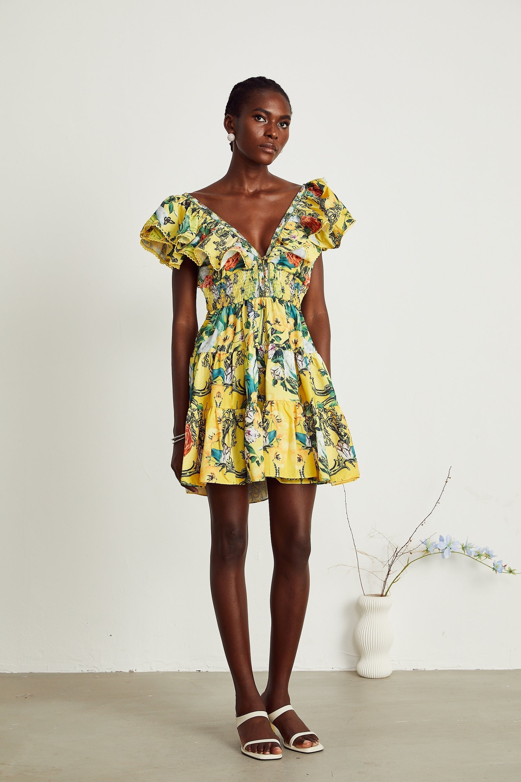 Saige ruffled floralprint mini dress in Yellow