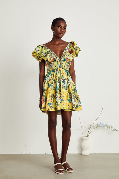Saige ruffled floralprint mini dress in Yellow