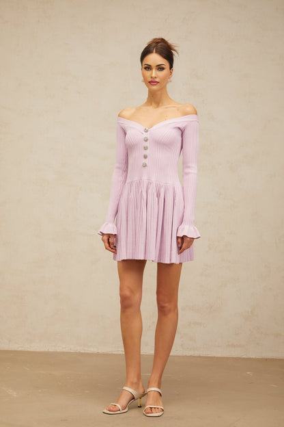 A light purple offshoulder mini dress with ribbed knit fabric featuring a closefitting silhouette and short length