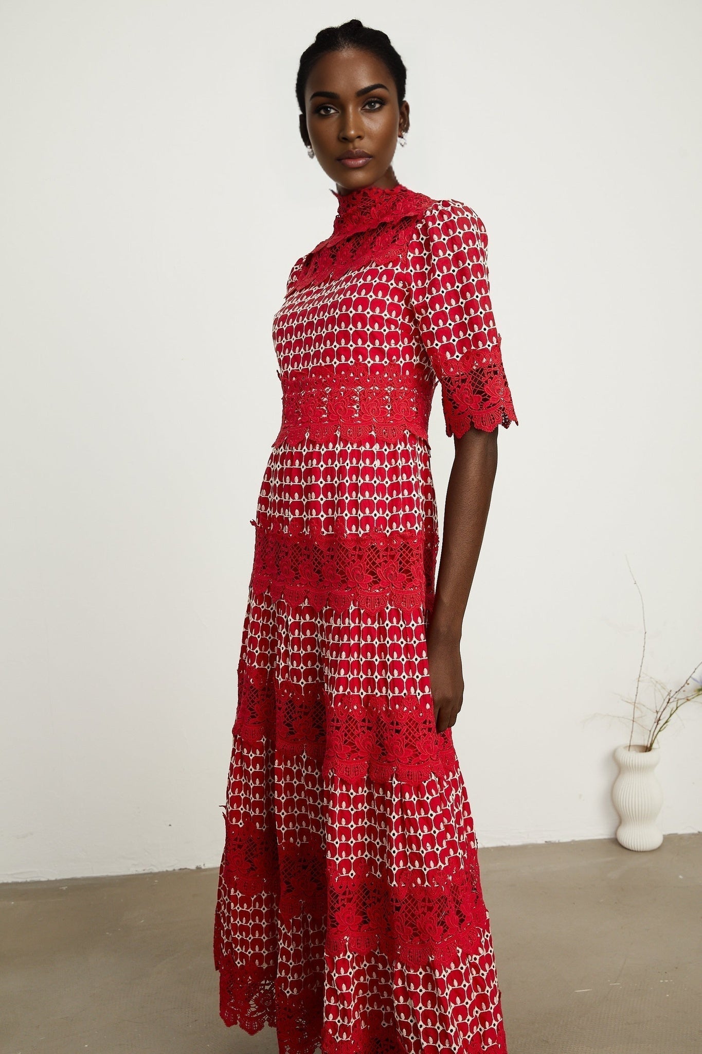 Chantal red scalloppattern lacepanel maxi dress