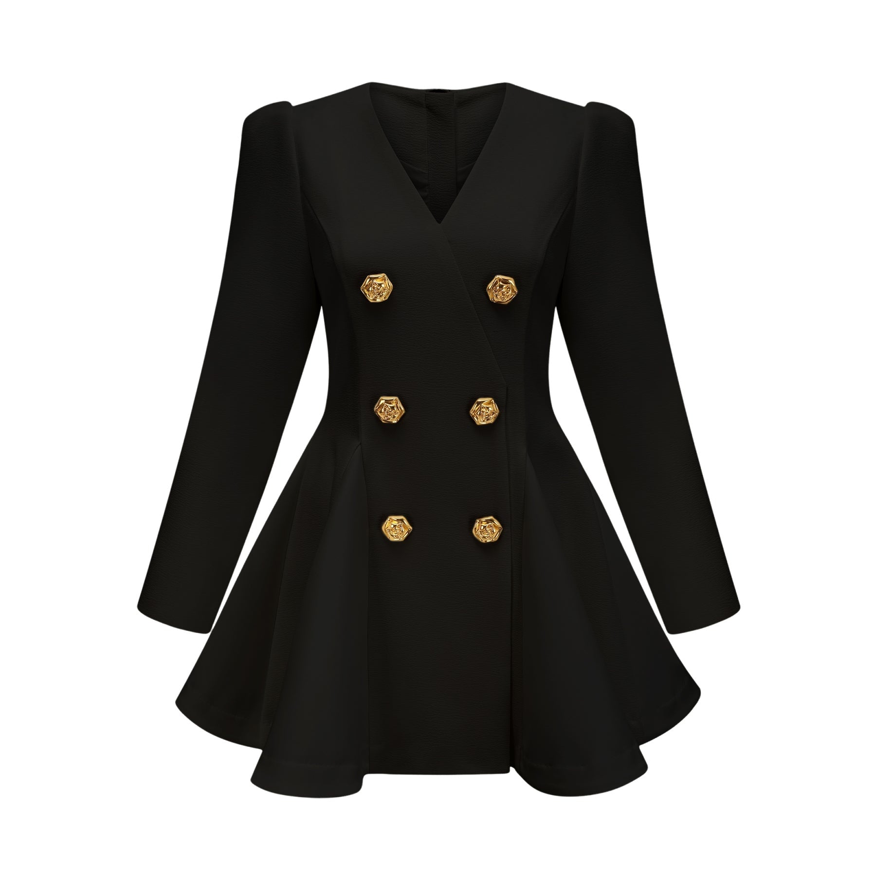 Woman wearing a black blazer dress with pleated peplum hem and fitted silhouette