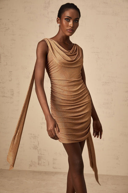 A short brown dress with rhinestone embellishments featuring a slim fit and mini length design