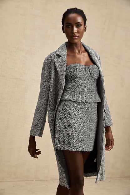 Long gray coat with herringbone pattern called Chantal